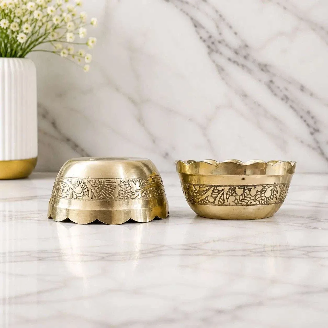 Brass Embossed Design Prasad Bowl Pair (1 Inch) - Image 3