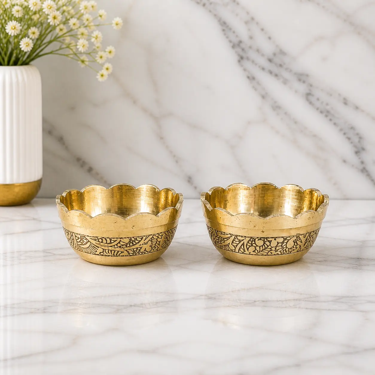 Brass Embossed Design Prasad Bowl Pair (1 Inch) - Image 4