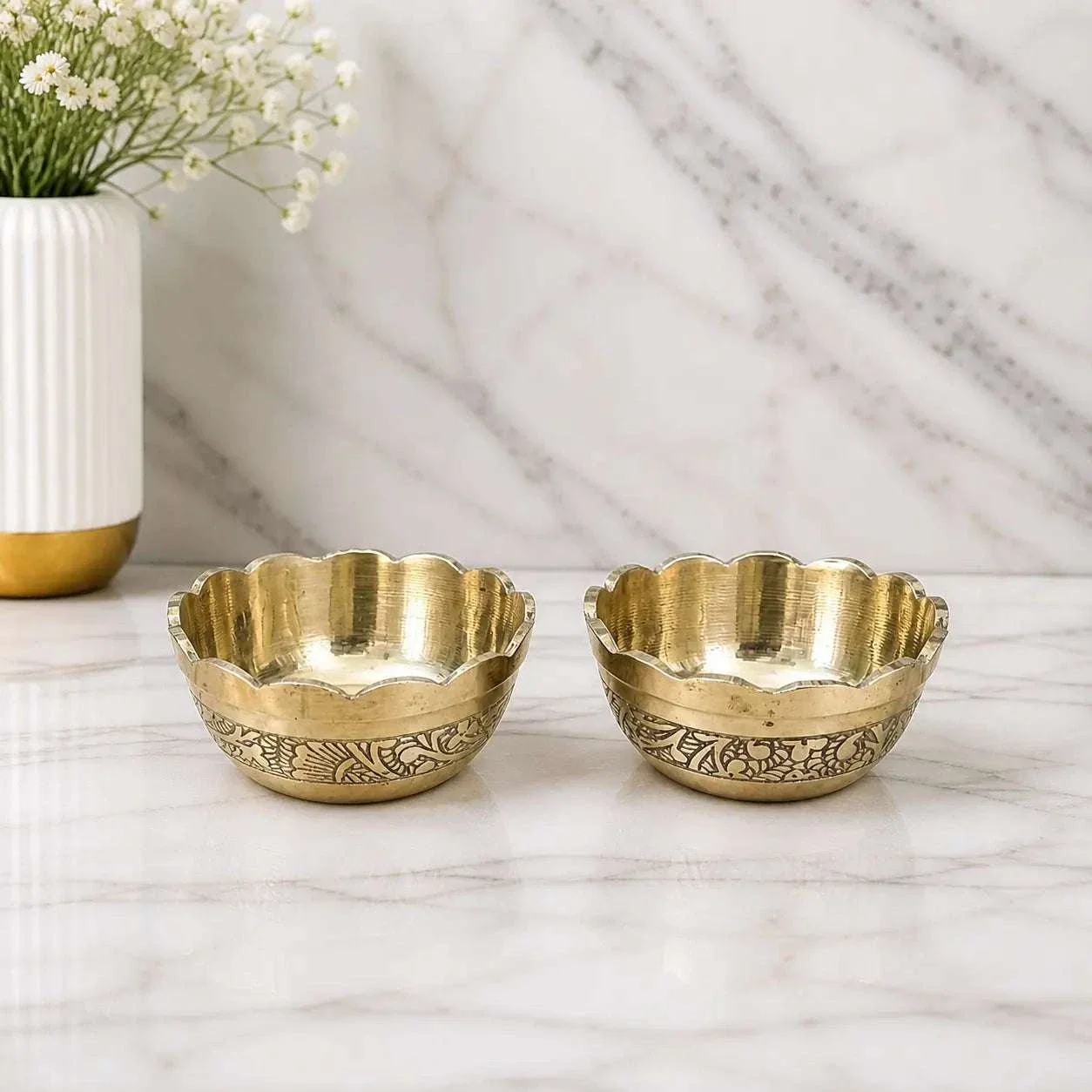 Brass Embossed Design Prasad Bowl Pair (1 Inch) - Image 6