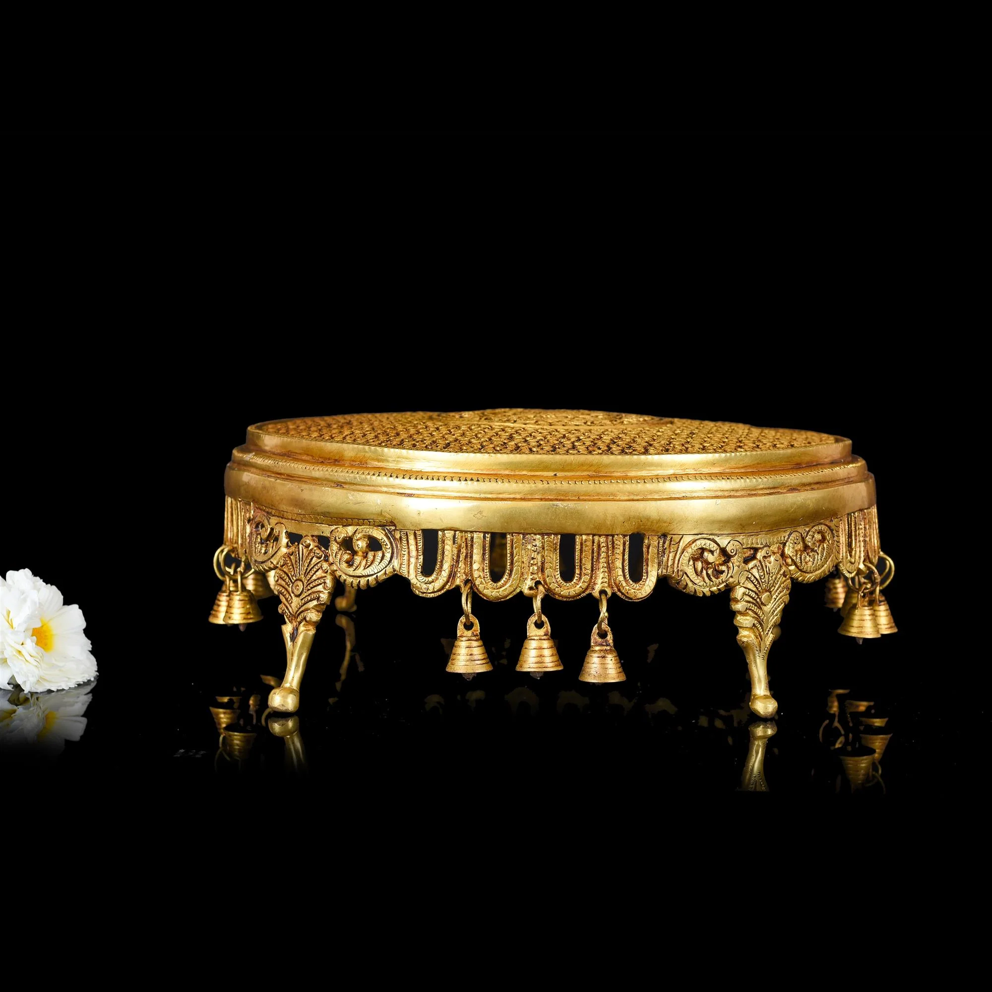 Brass Ethnic Chowki With Hanging Bells (5 Inch) - Image 2