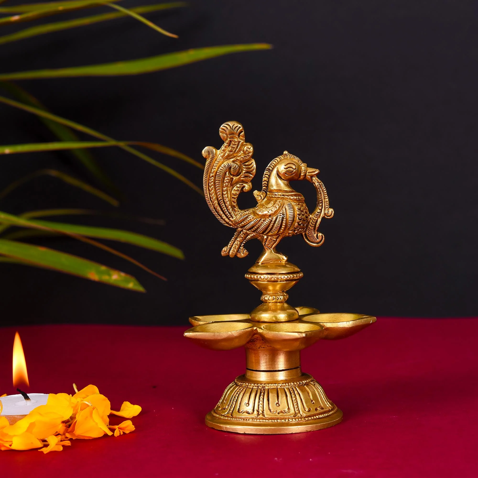 Brass Ethnic Five Petal Peacock Diya (5.2 Inch) - Image 3
