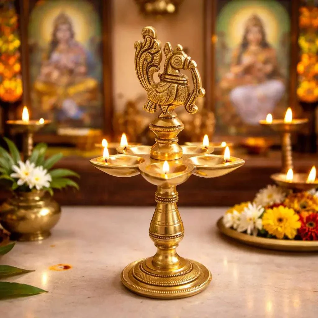 Brass Ethnic Five Petal Peacock Diya / Lamp (7.5 Inch)