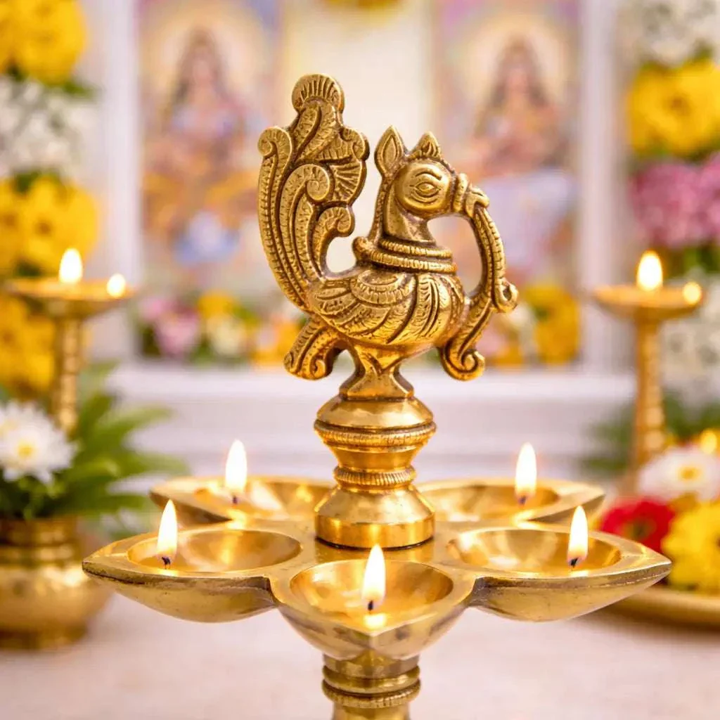 Brass Ethnic Five Petal Peacock Diya / Lamp (7.5 Inch) - Image 2