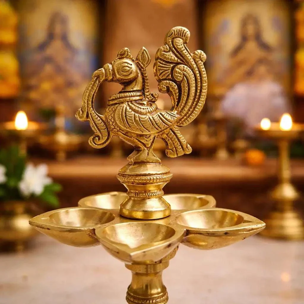 Brass Ethnic Five Petal Peacock Diya / Lamp (7.5 Inch) - Image 4