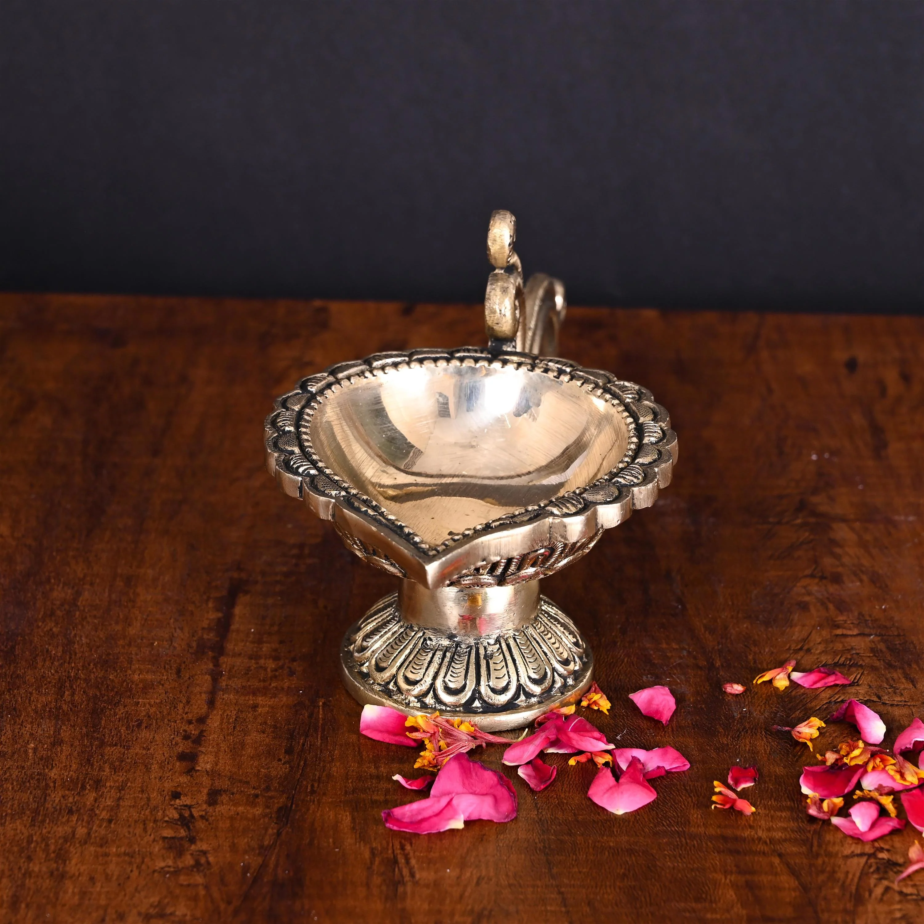 Brass Ethnic Hand carved Diya With Handle (4 Inch) - Image 3