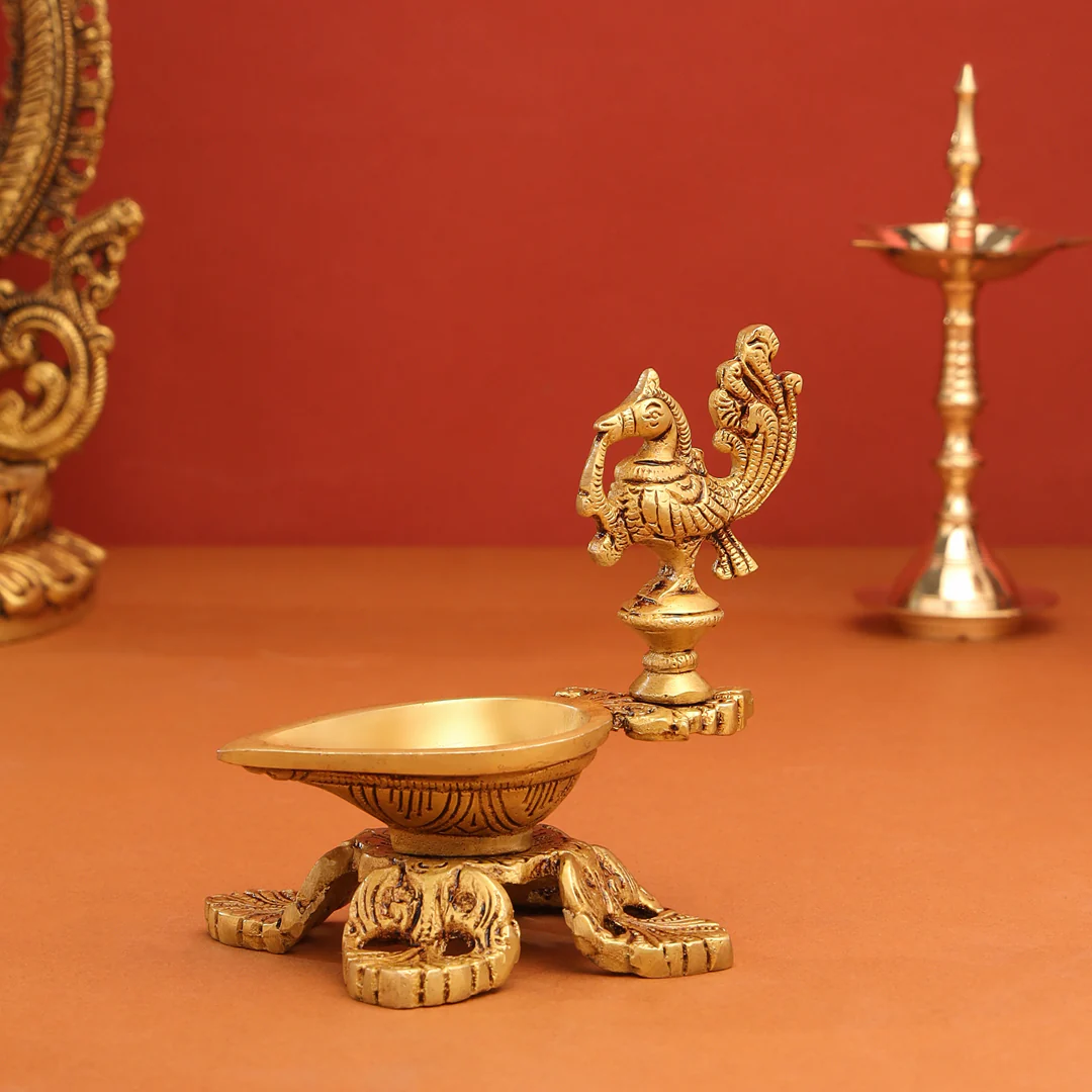 Brass Ethnic Peacock Diya/Lamp (5 Inch) - Image 2