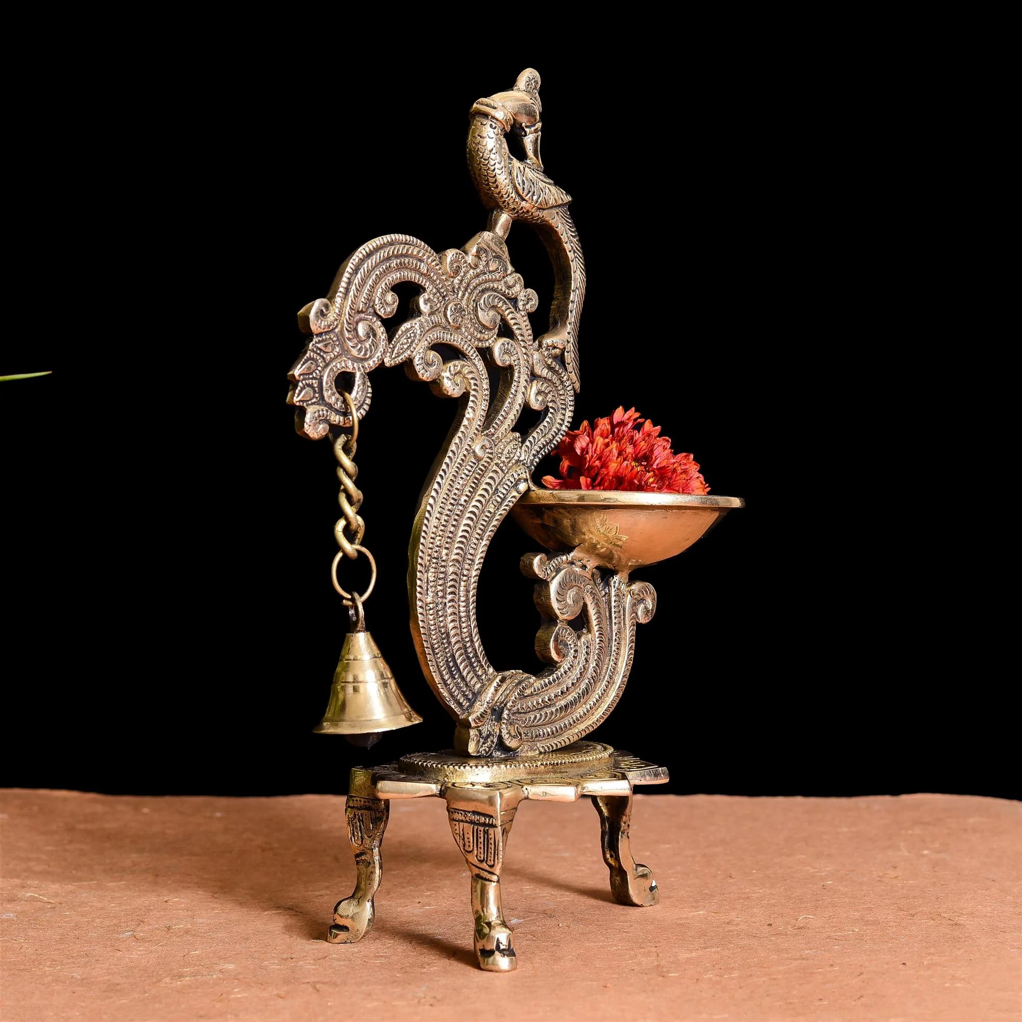 Brass Ethnic Peacock Diya Lamp With Hanging bell - Image 2