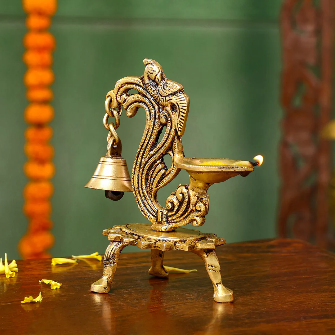 Brass Ethnic Peacock Diya Lamp With Hanging bell - Image 5