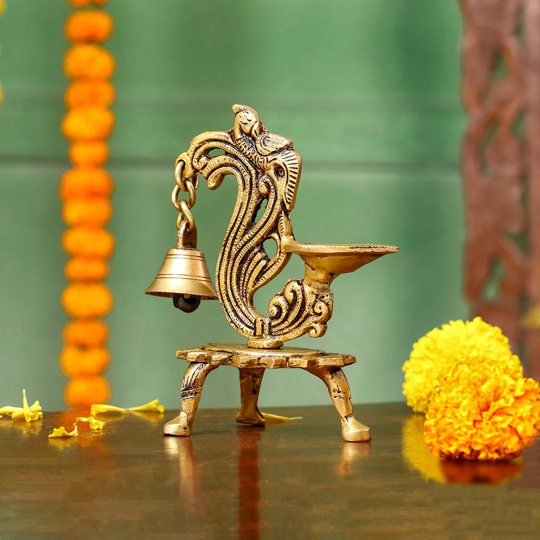 Brass Ethnic Peacock Diya Lamp With Hanging bell - Image 6