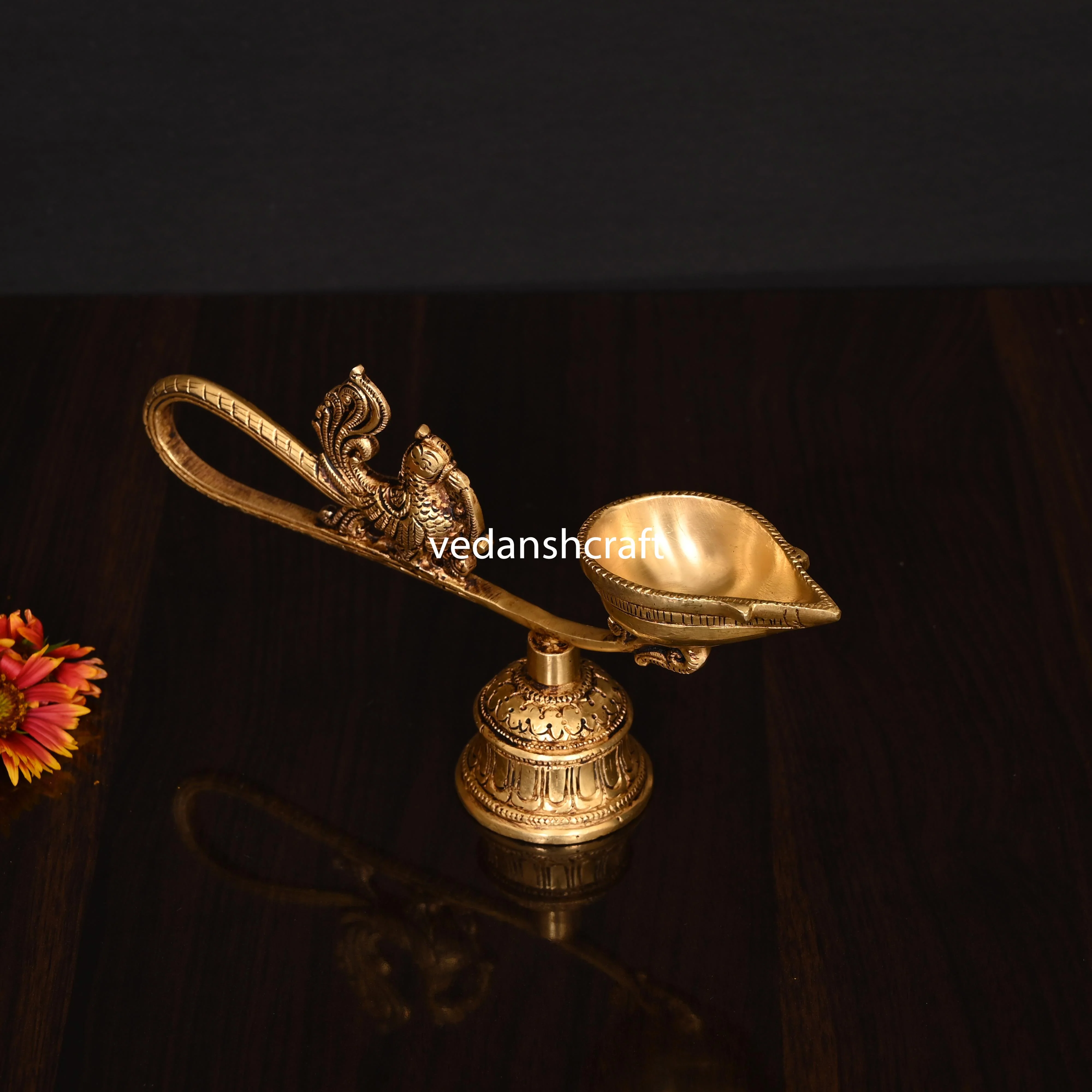 Brass Ethnic Peacock Diya With Bell (4.5 Inch) - Image 2
