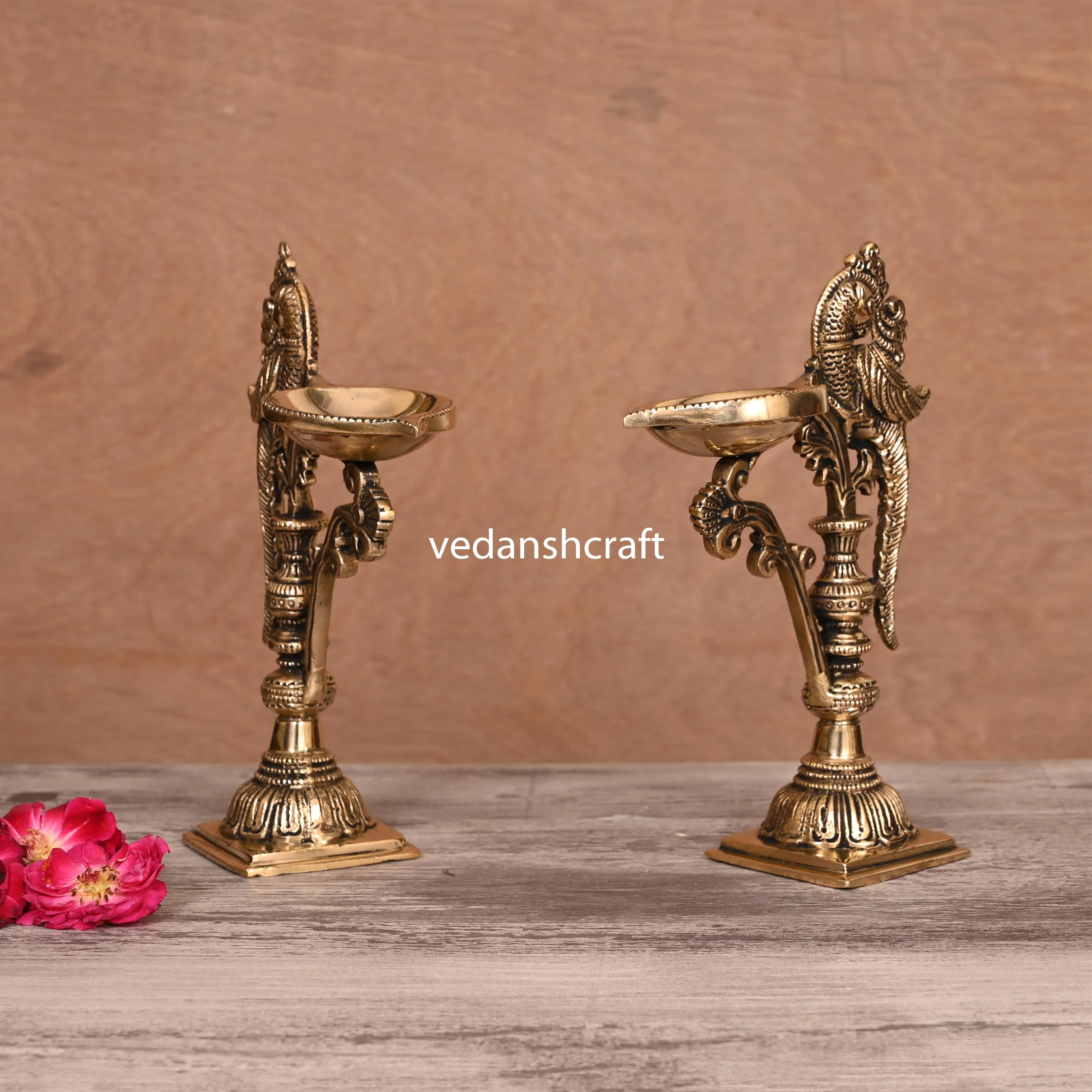 Brass Ethnic Peacock Lamp Pair (7.5 Inch) - Image 3