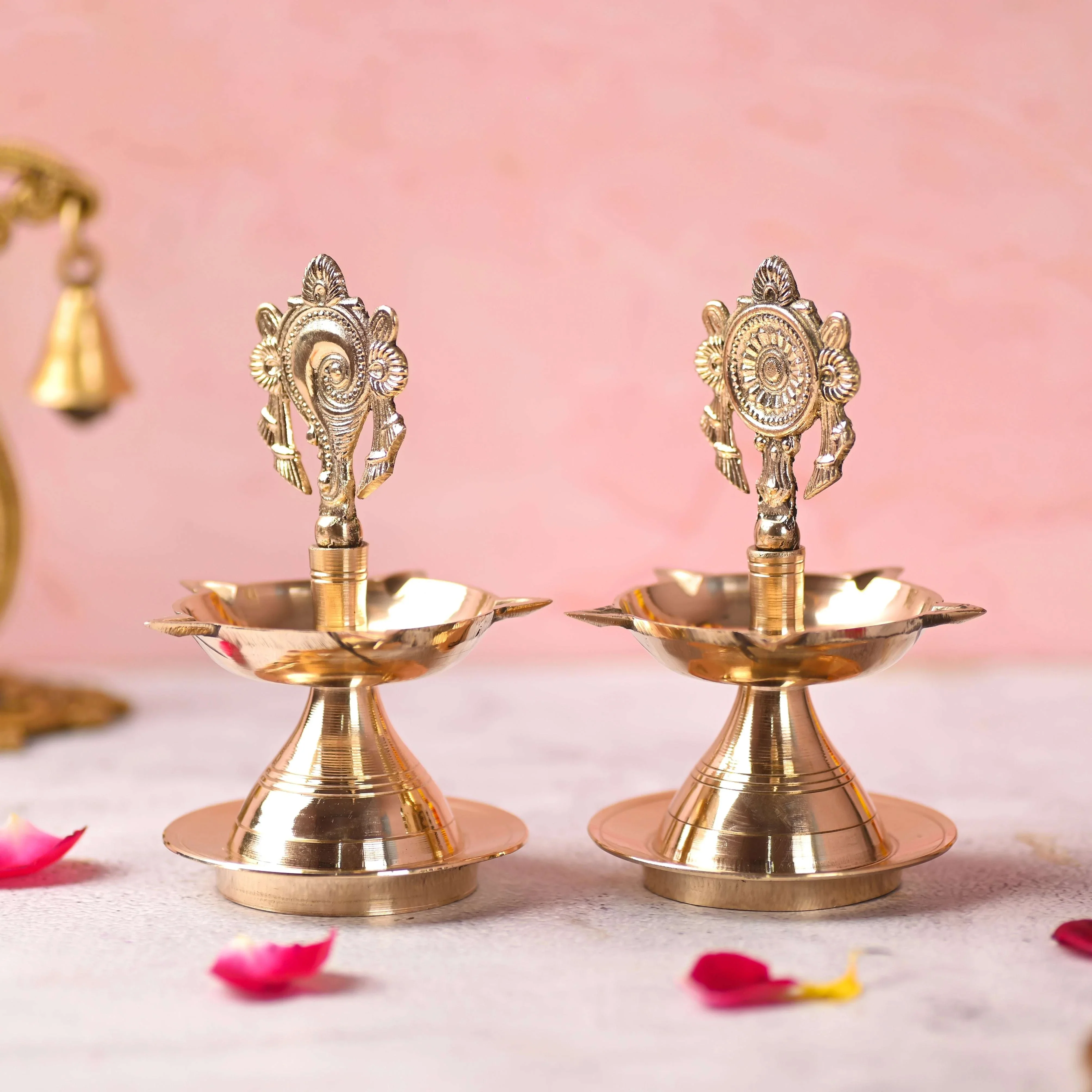 Brass Shankh Chakra Five Petal Diya Set (5.5 Inch) - Image 2