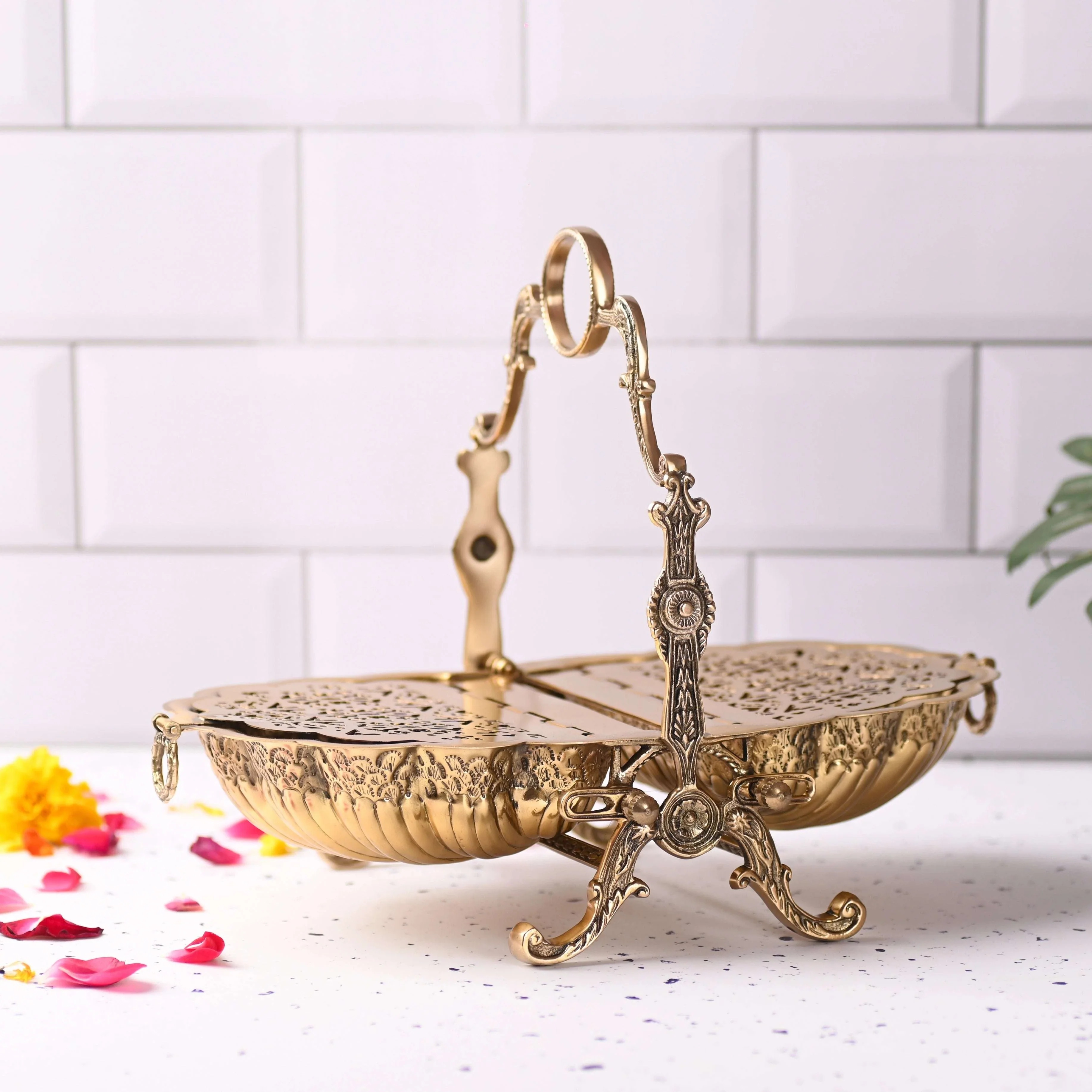Brass Folding Serving Platter Biscuit Caddy Barrel Box (9.3 Inch) - Image 2