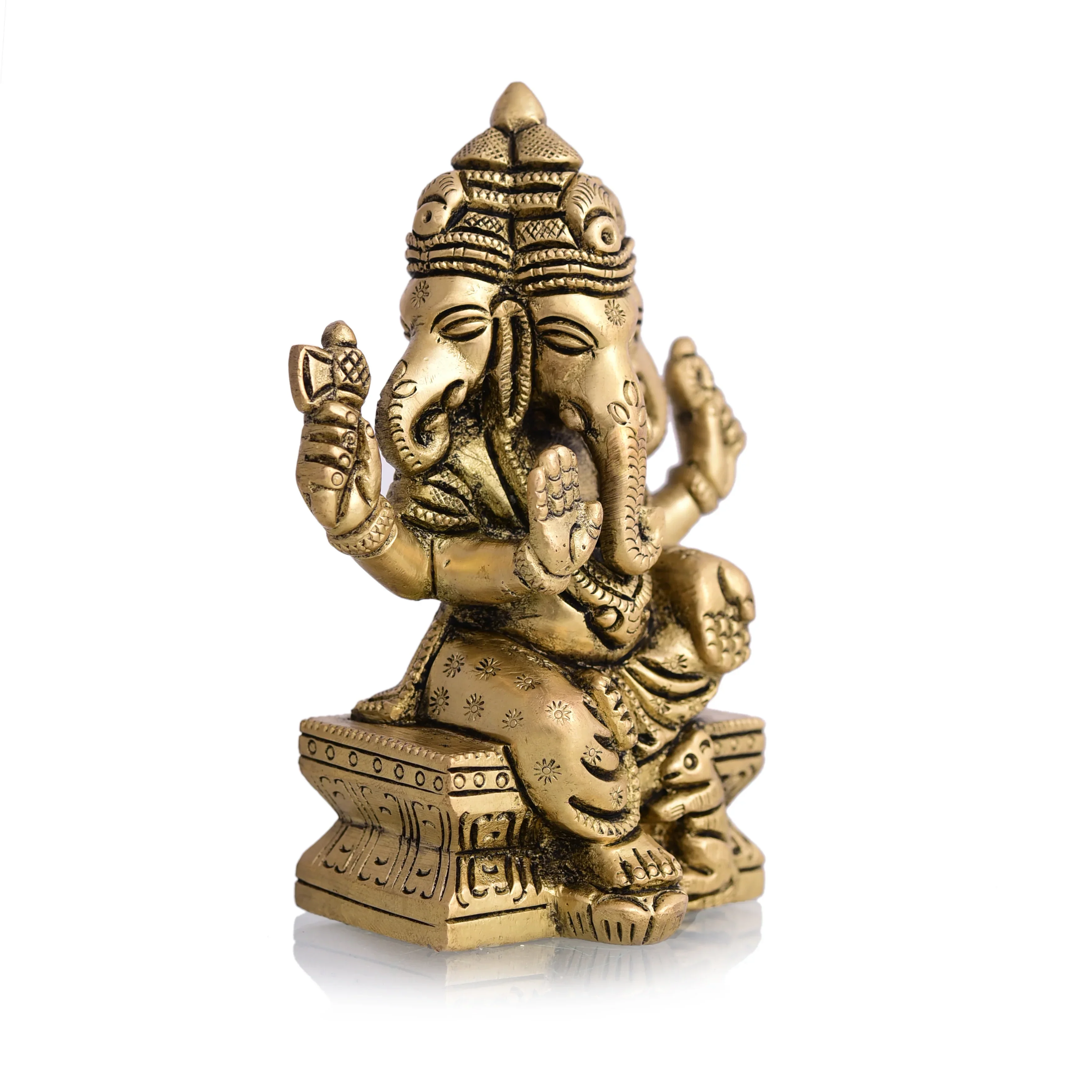 Brass Four Face Ganesha Sitting Idol (4.3 Inch) - Image 3