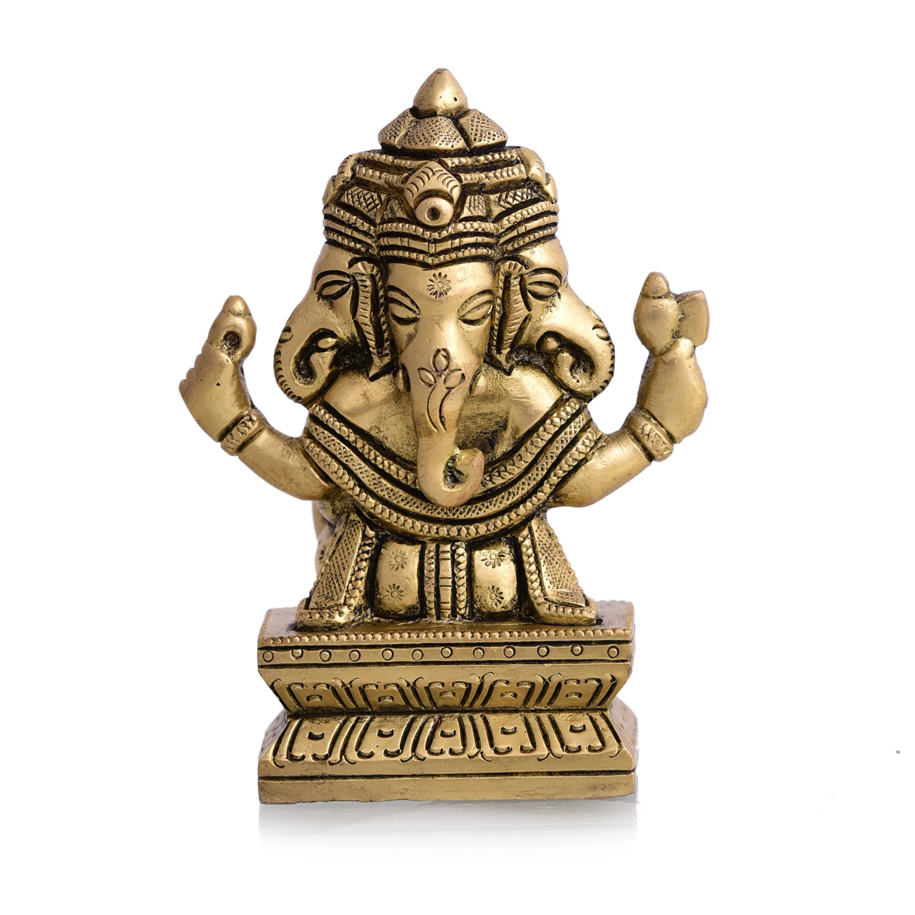 Brass Four Face Ganesha Sitting Idol (4.3 Inch) - Image 4