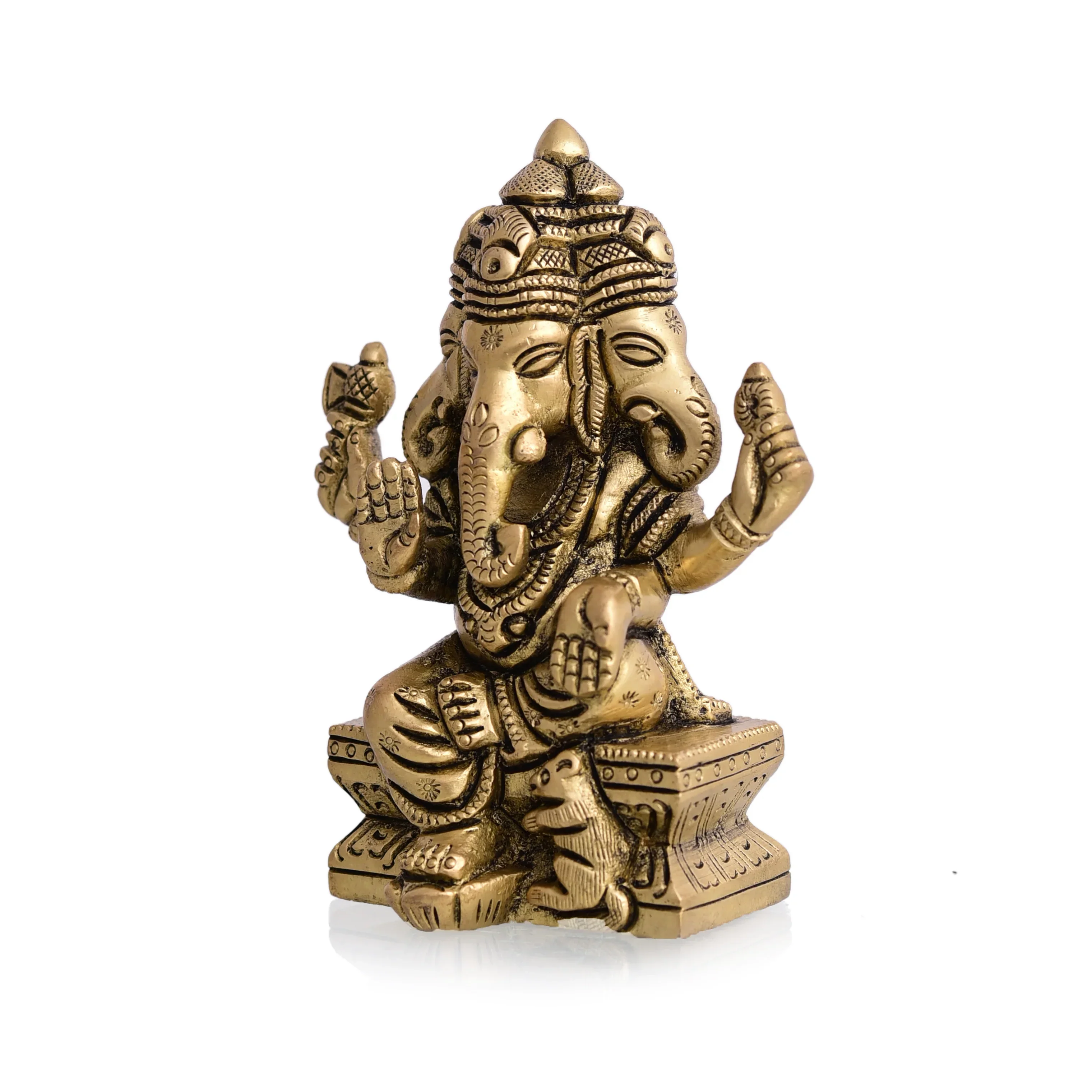 Brass Four Face Ganesha Sitting Idol (4.3 Inch) - Image 5
