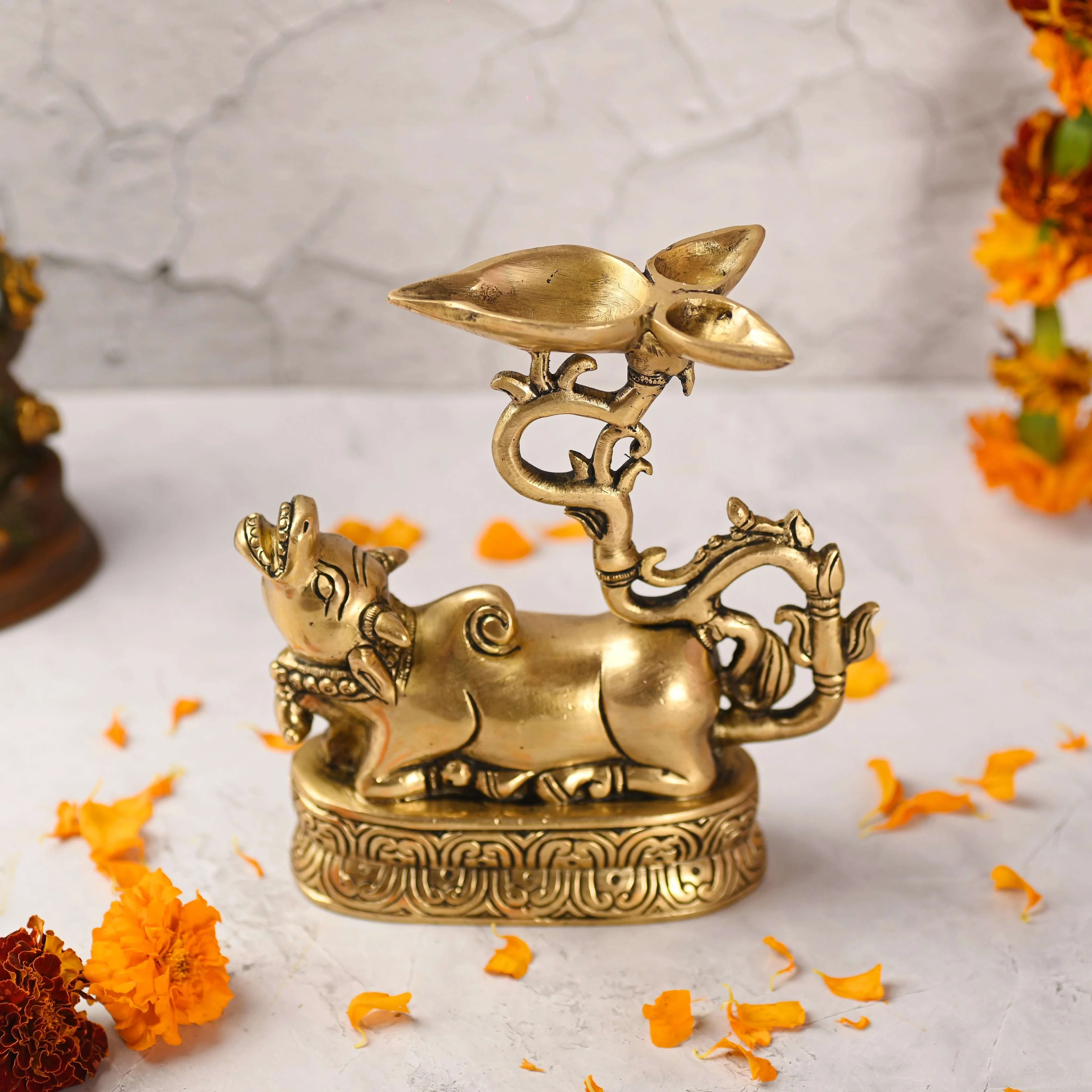 Brass Sitting Nandi Idol With Three Petal Diya (7 Inch) - Image 2