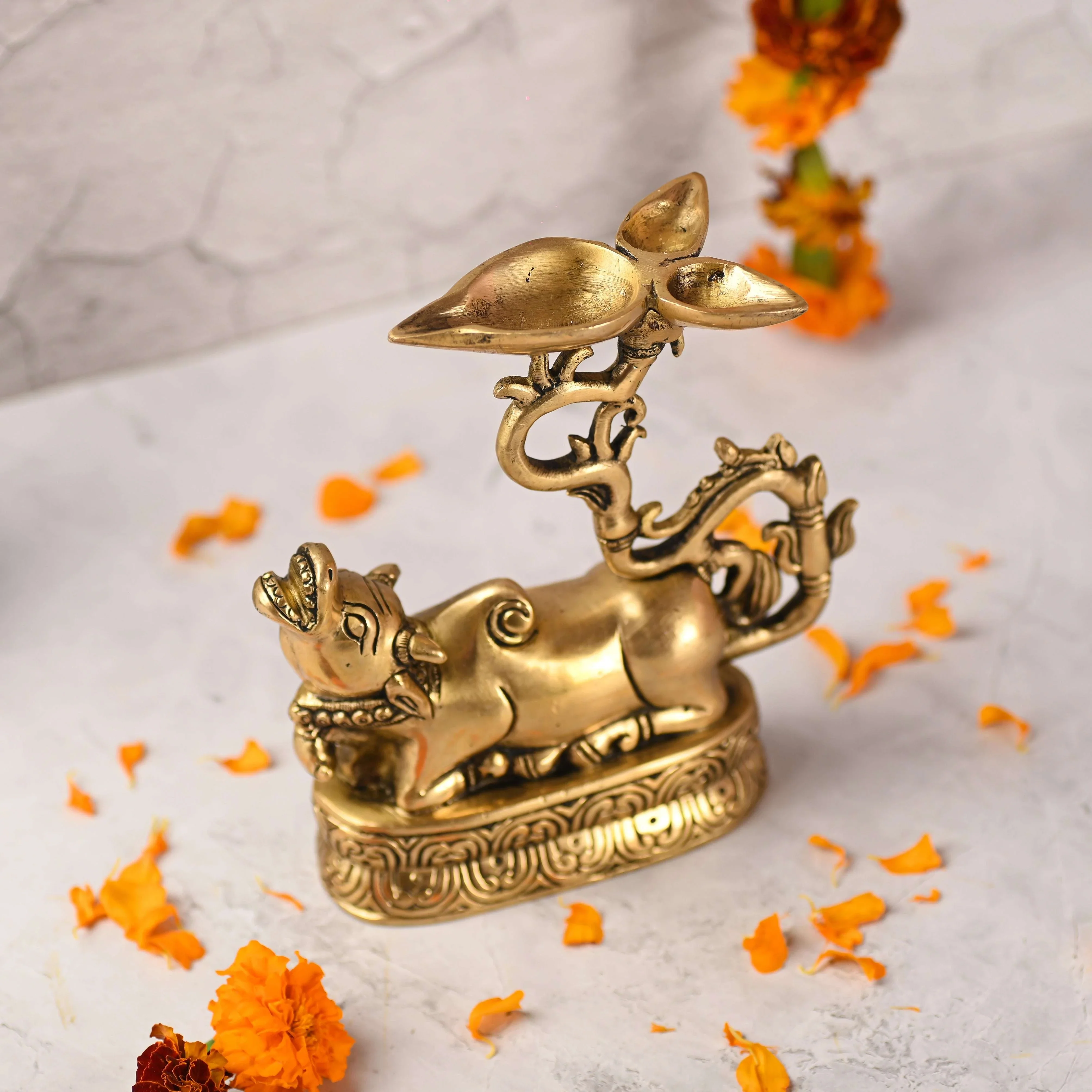 Brass Sitting Nandi Idol With Three Petal Diya (7 Inch) - Image 3