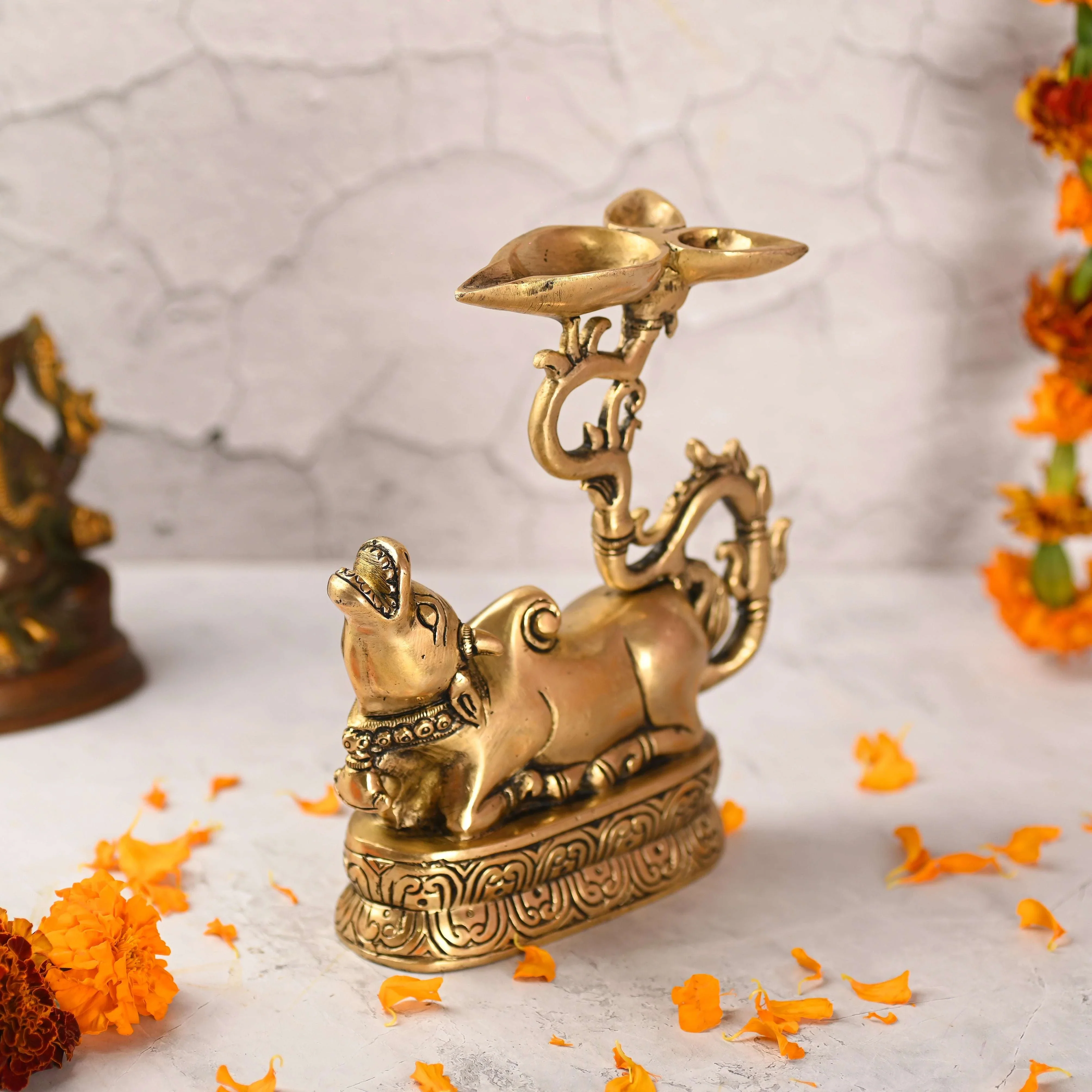 Brass Sitting Nandi Idol With Three Petal Diya (7 Inch) - Image 4