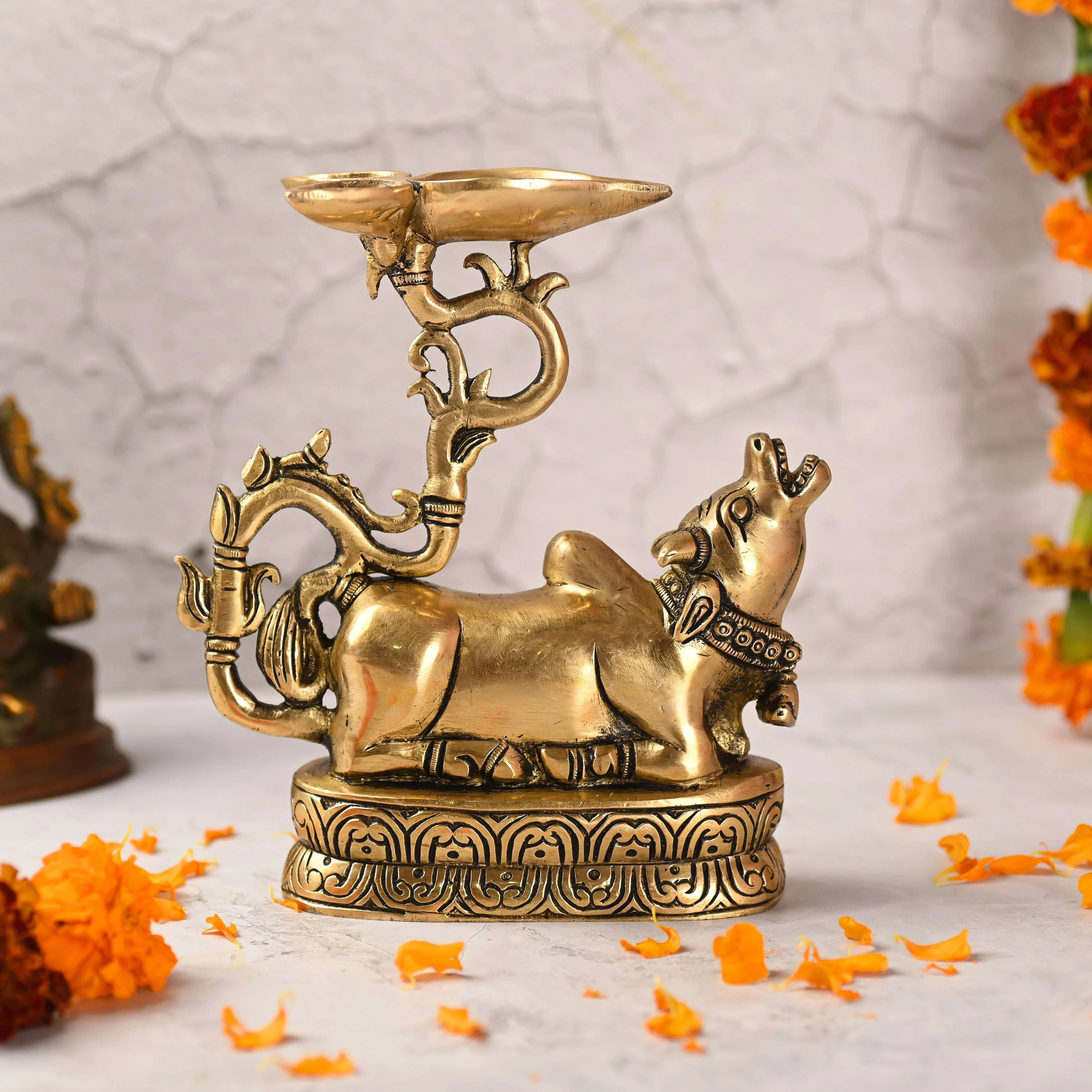 Brass Sitting Nandi Idol With Three Petal Diya (7 Inch) - Image 5