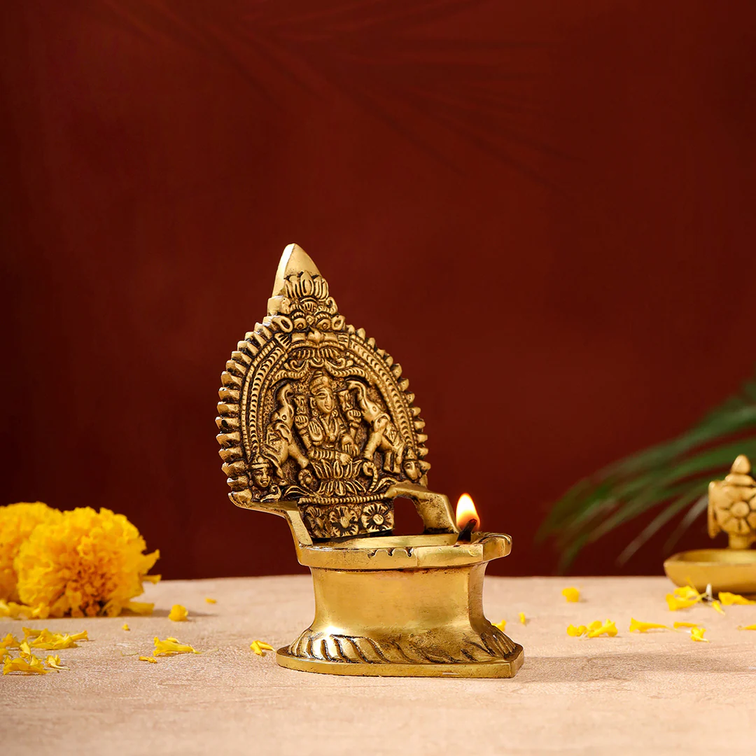 Brass Gaja Lakshmi Diya (5.1 Inch) - Image 6