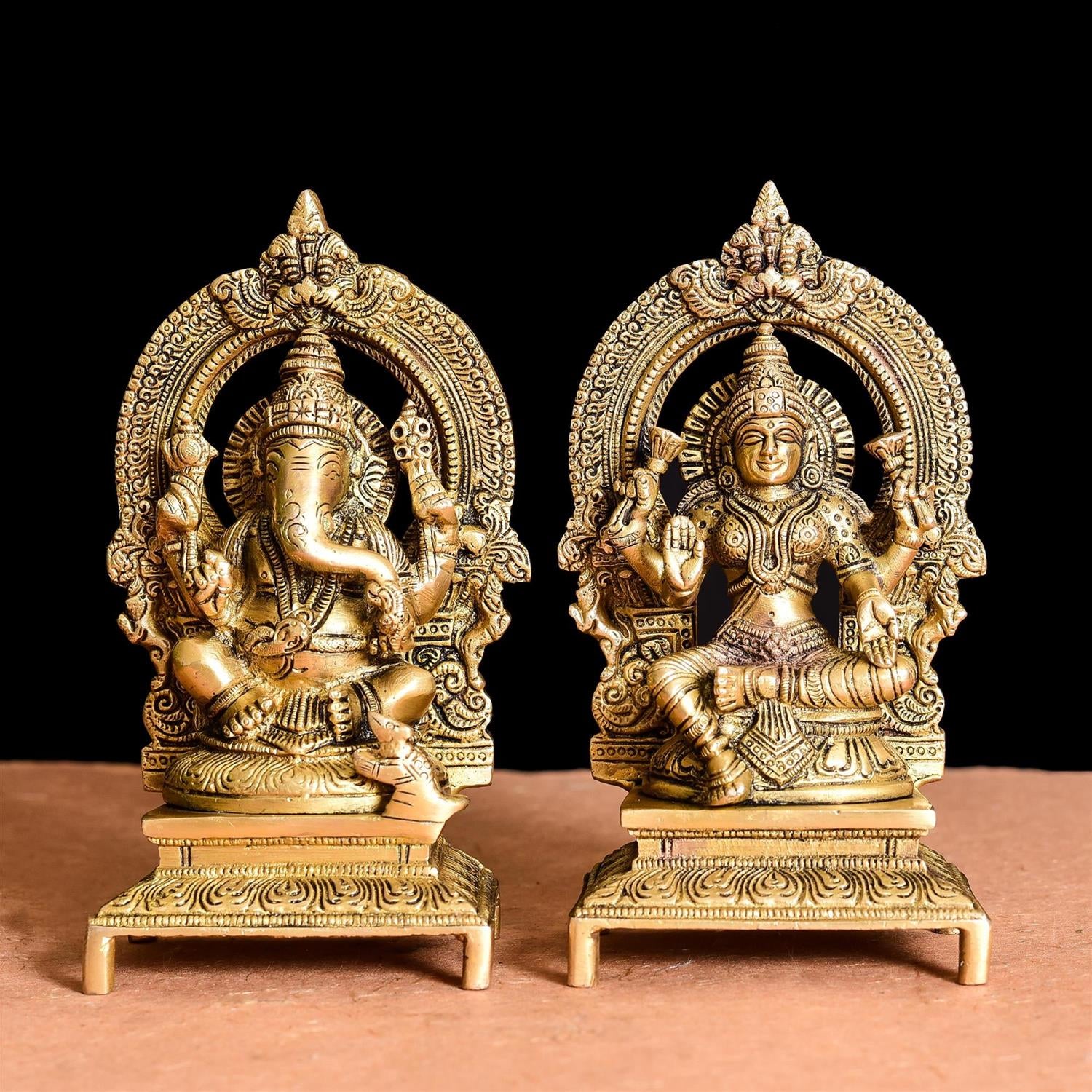 Brass Sitting Ganesh And Lakshmi On Throne Idol (7.5 Inch)