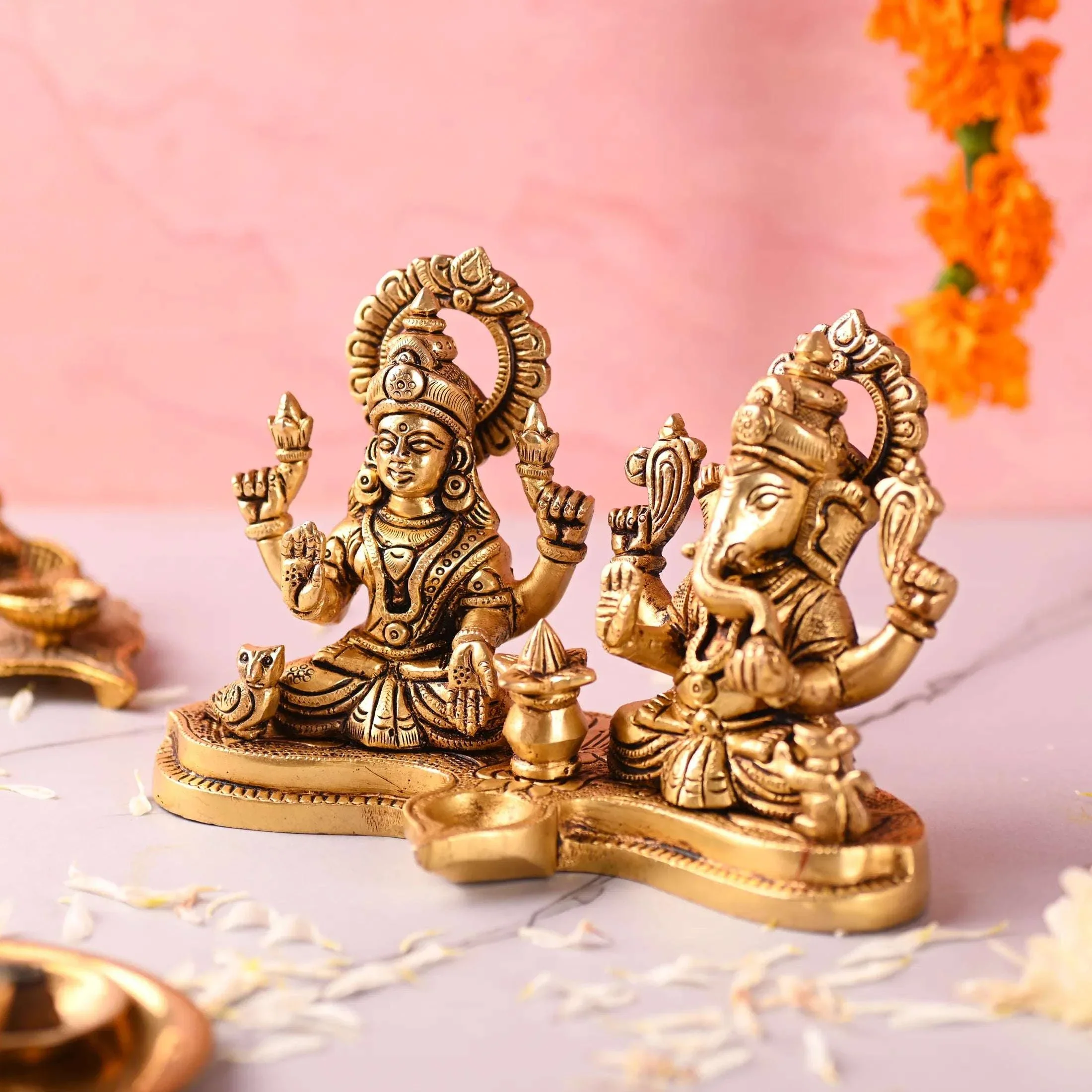 Brass Ganesha and Lakshmi Sitting Idol With Diya (5 Inch) - Image 2