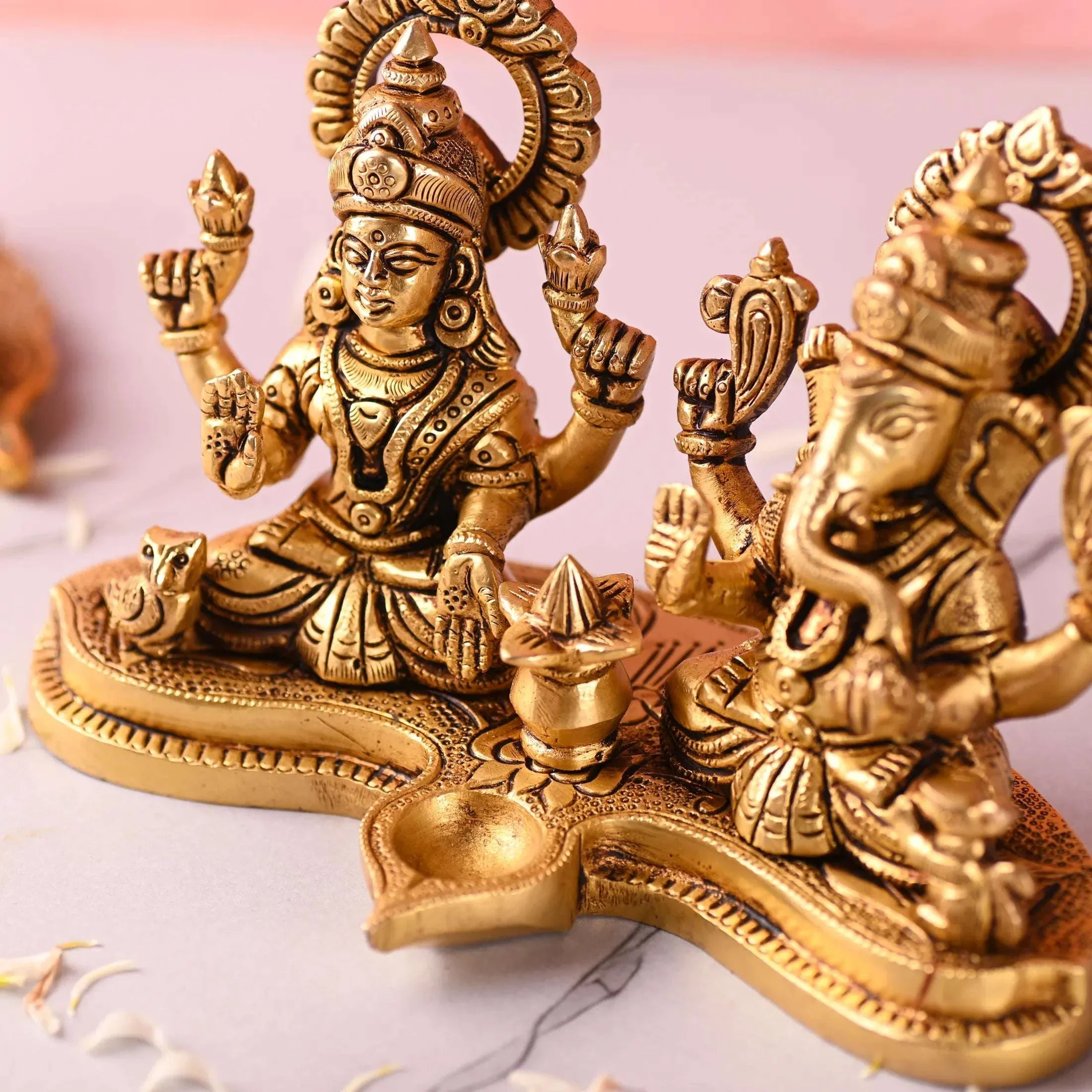 Brass Ganesha and Lakshmi Sitting Idol With Diya (5 Inch) - Image 3