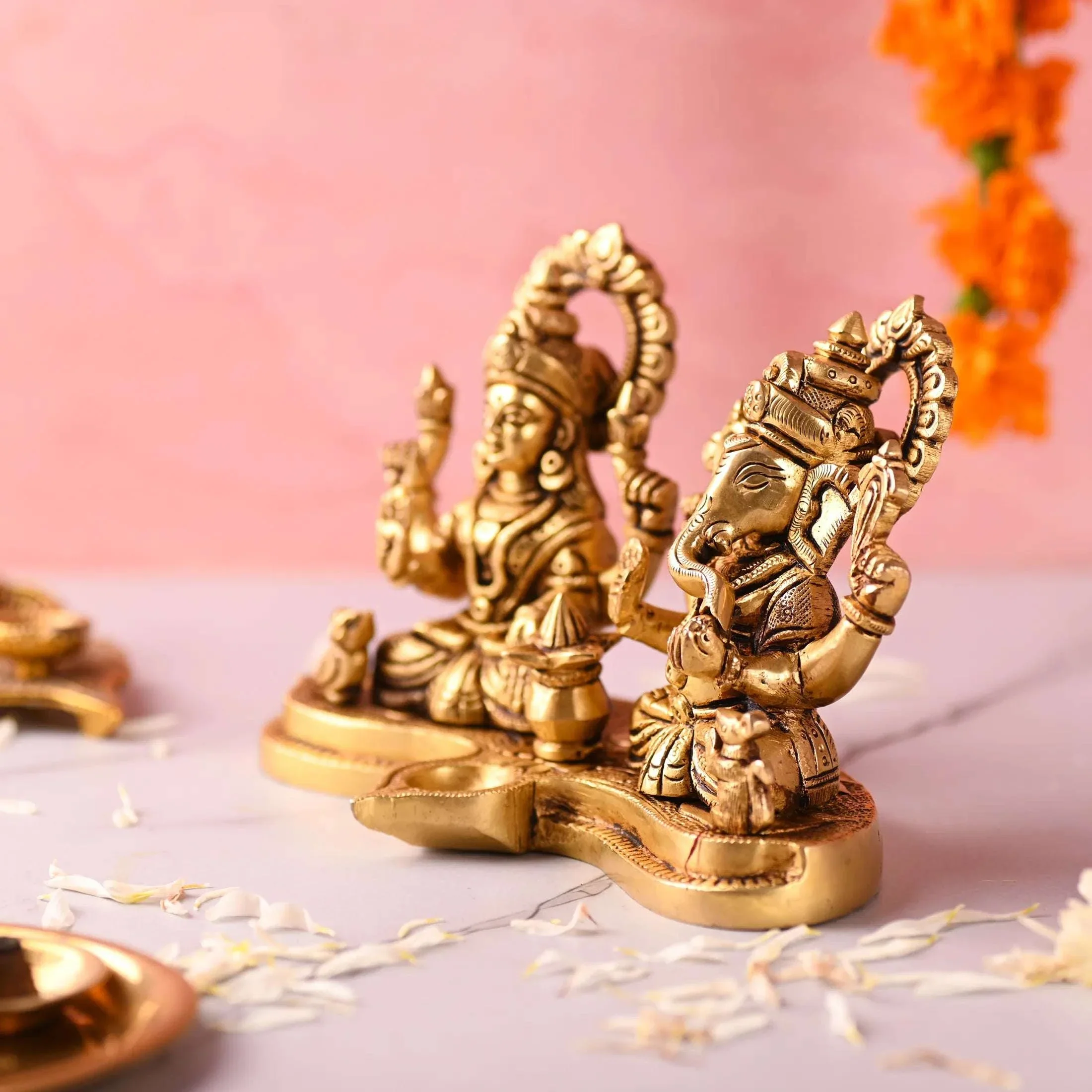 Brass Ganesha and Lakshmi Sitting Idol With Diya (5 Inch) - Image 4