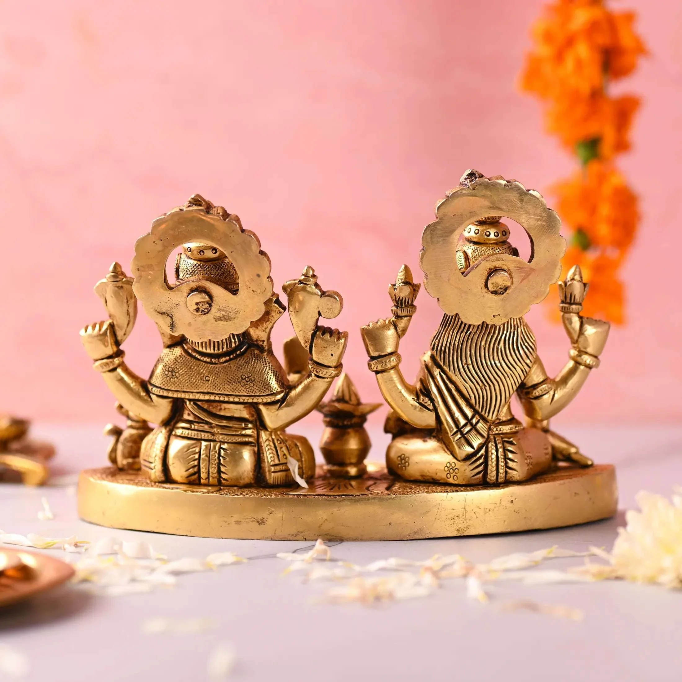 Brass Ganesha and Lakshmi Sitting Idol With Diya (5 Inch) - Image 5