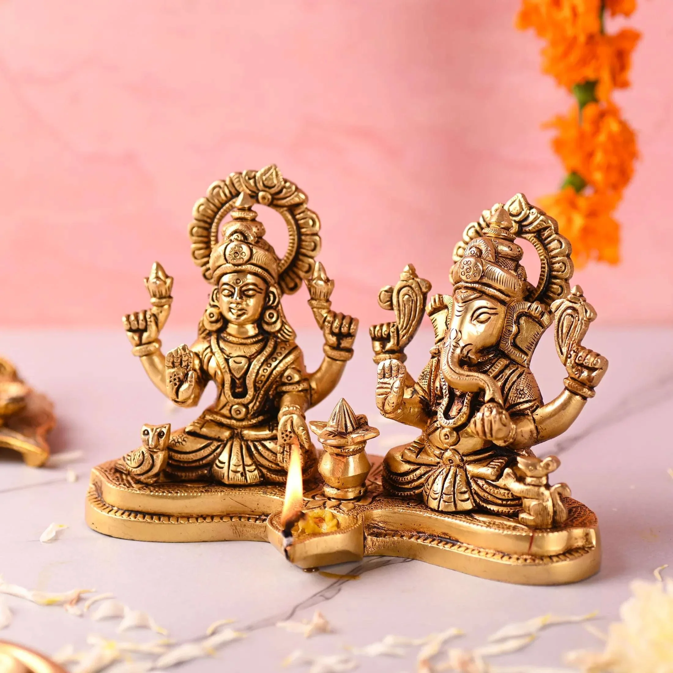 Brass Ganesha and Lakshmi Sitting Idol With Diya (5 Inch) - Image 6