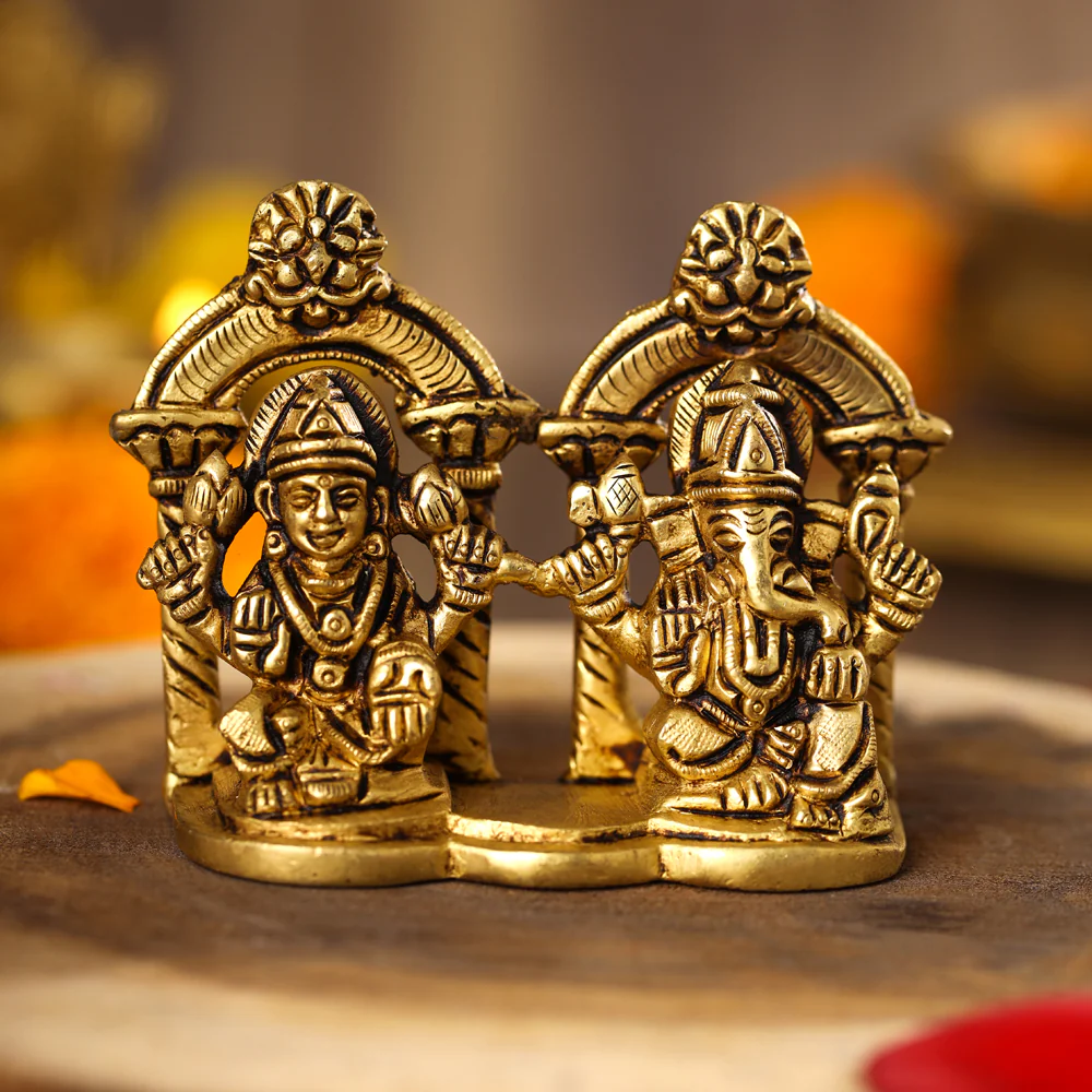 Brass Sitting Ganesha And Lakshmi Idols (3 Inch) - Image 2