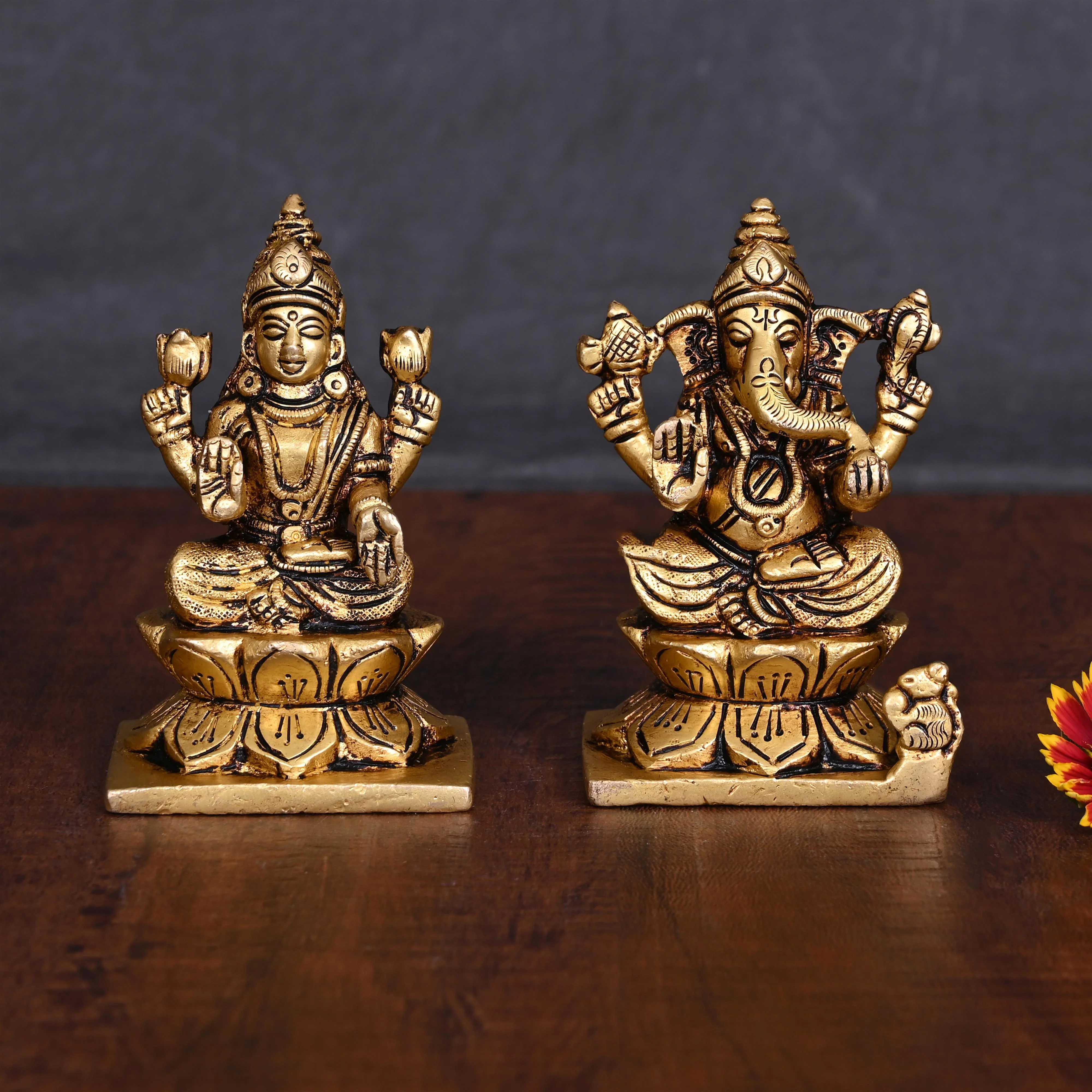 Brass Sitting Ganesha And Lakshmi Idols Set (3.5 Inch)
