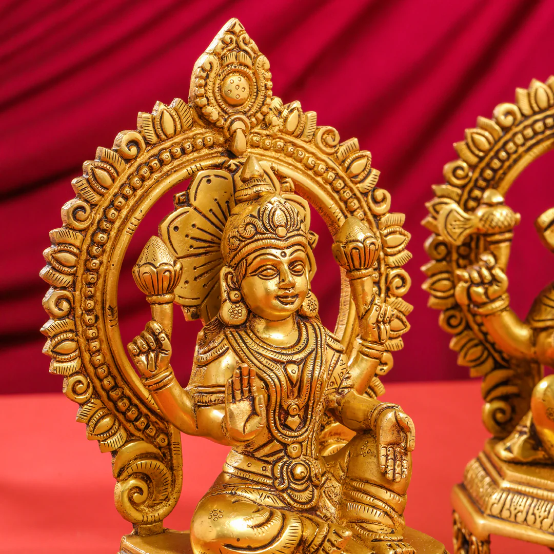 Brass Sitting Ganesha And Lakshmi On Throne Set (11 Inch) - Image 17