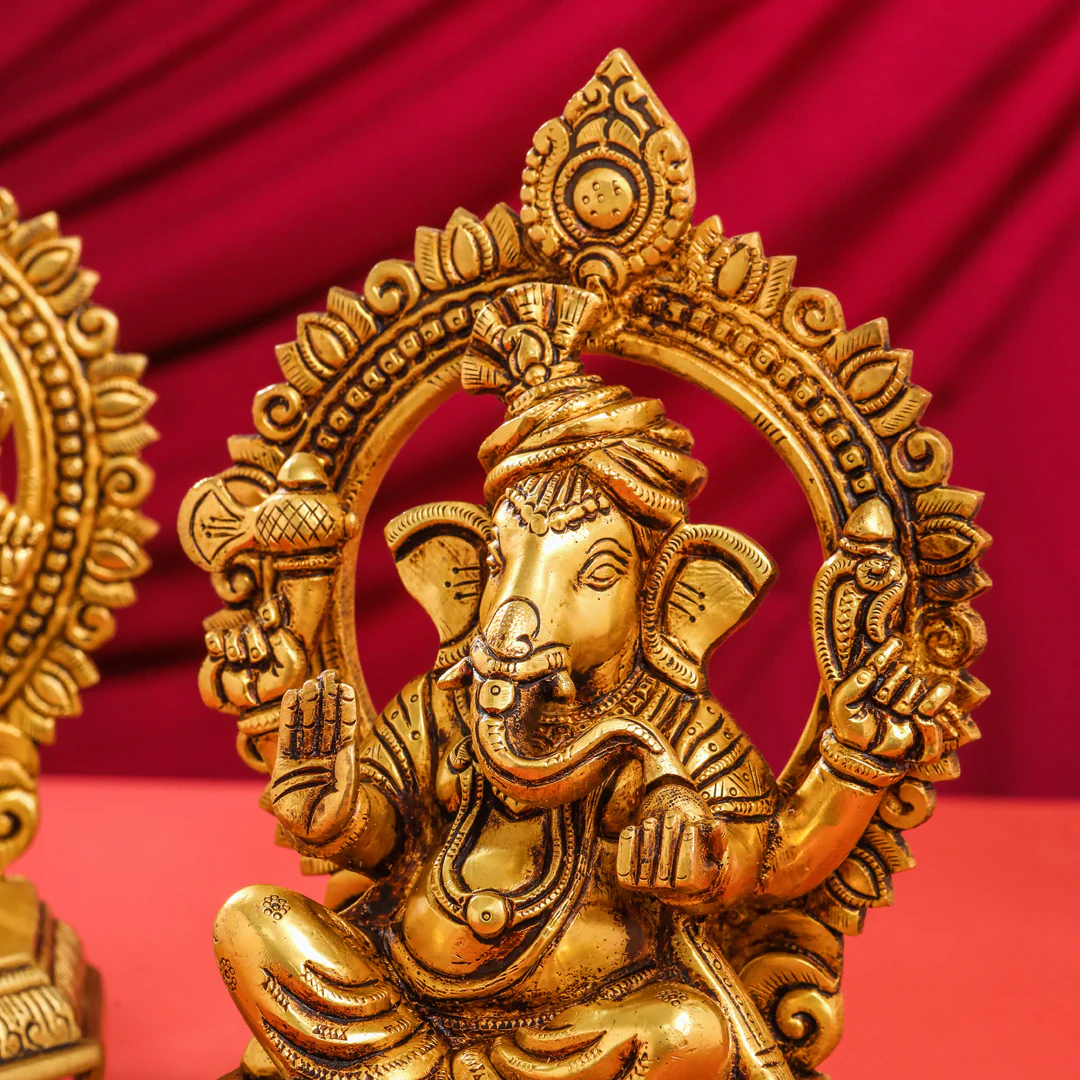 Brass Sitting Ganesha And Lakshmi On Throne Set (11 Inch) - Image 18