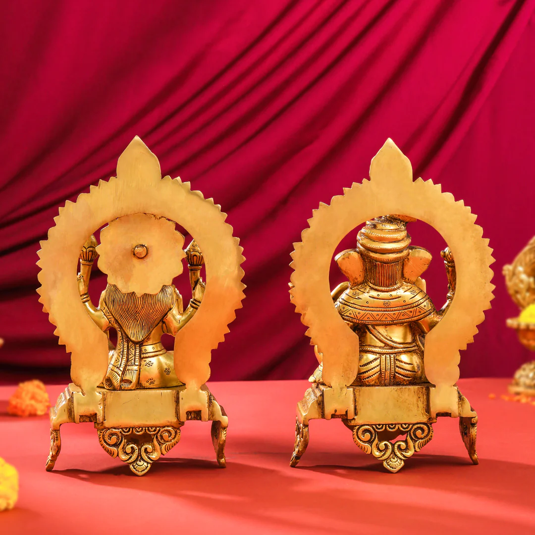 Brass Sitting Ganesha And Lakshmi On Throne Set (11 Inch) - Image 4