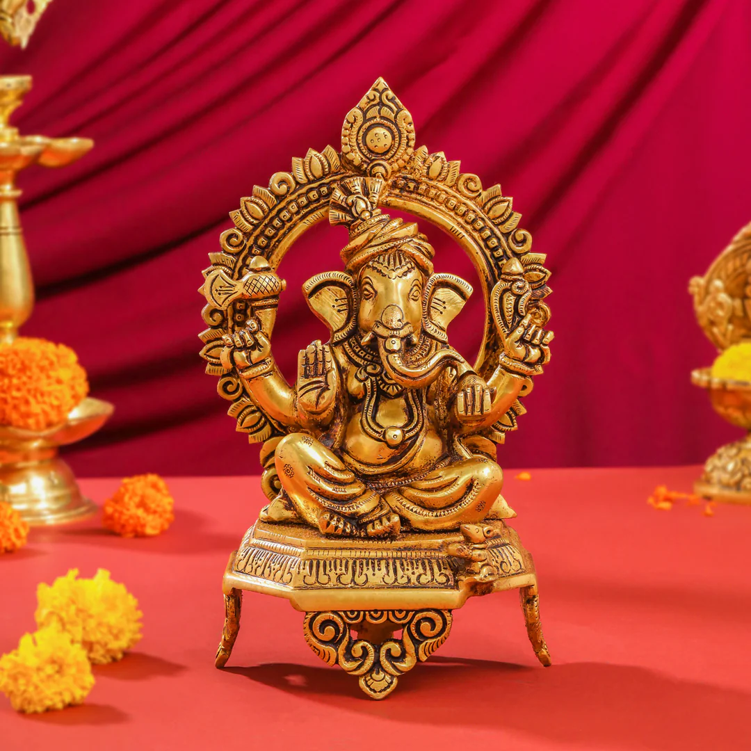 Brass Sitting Ganesha And Lakshmi On Throne Set (11 Inch) - Image 5