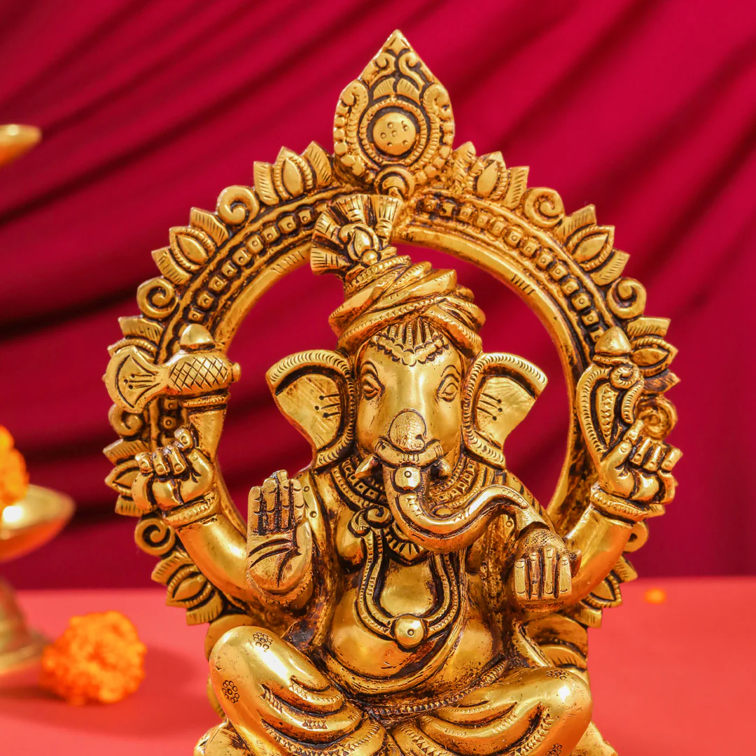 Brass Sitting Ganesha And Lakshmi On Throne Set (11 Inch) - Image 7