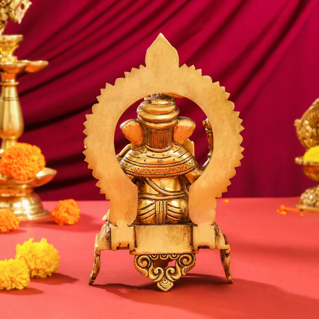 Brass Sitting Ganesha And Lakshmi On Throne Set (11 Inch) - Image 9