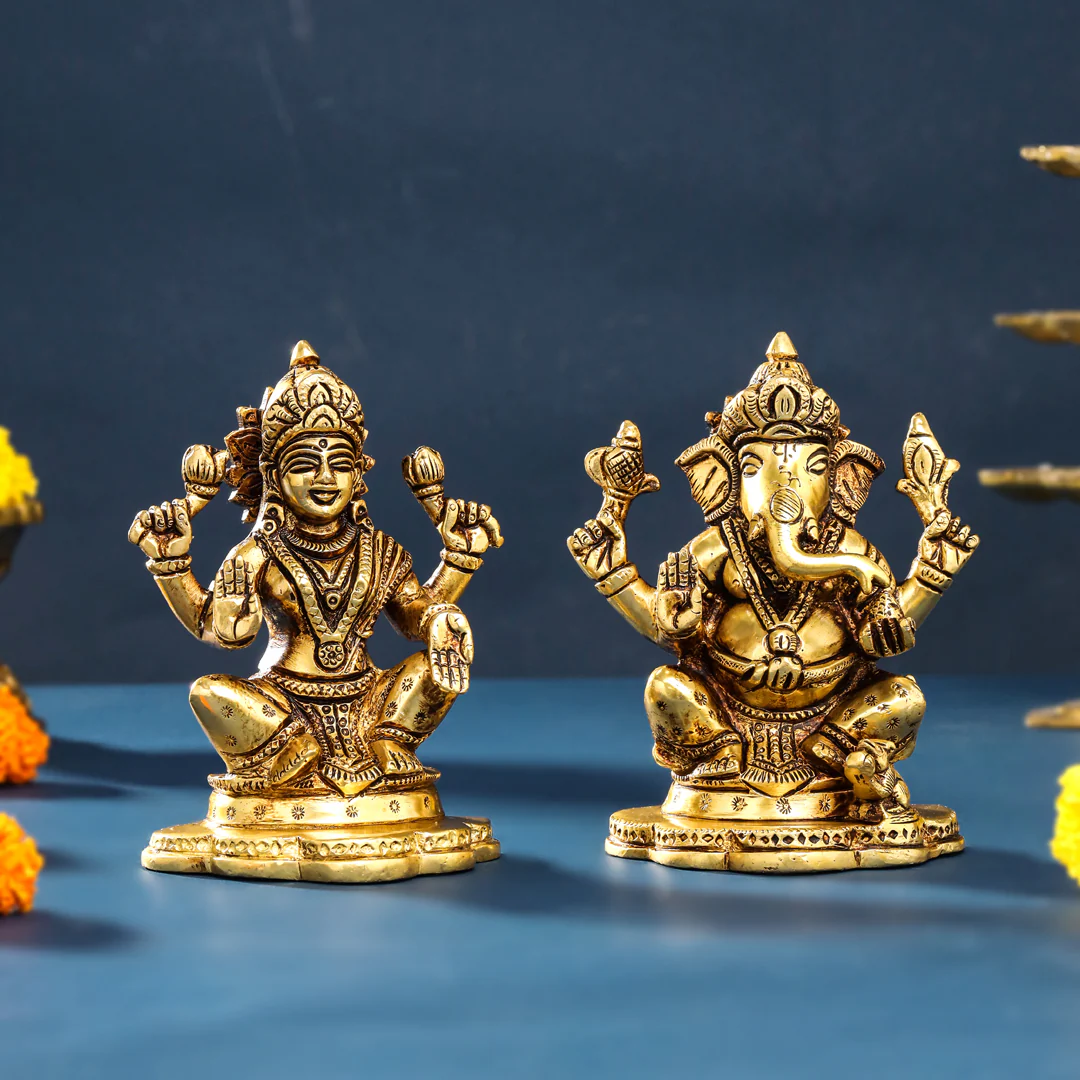 Brass Sitting Ganesha And Lakshmi Set (5 Inch)