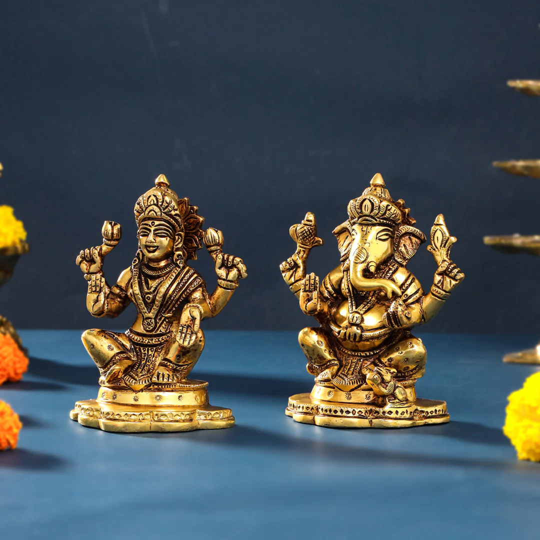 Brass Sitting Ganesha And Lakshmi Set (5 Inch) - Image 2