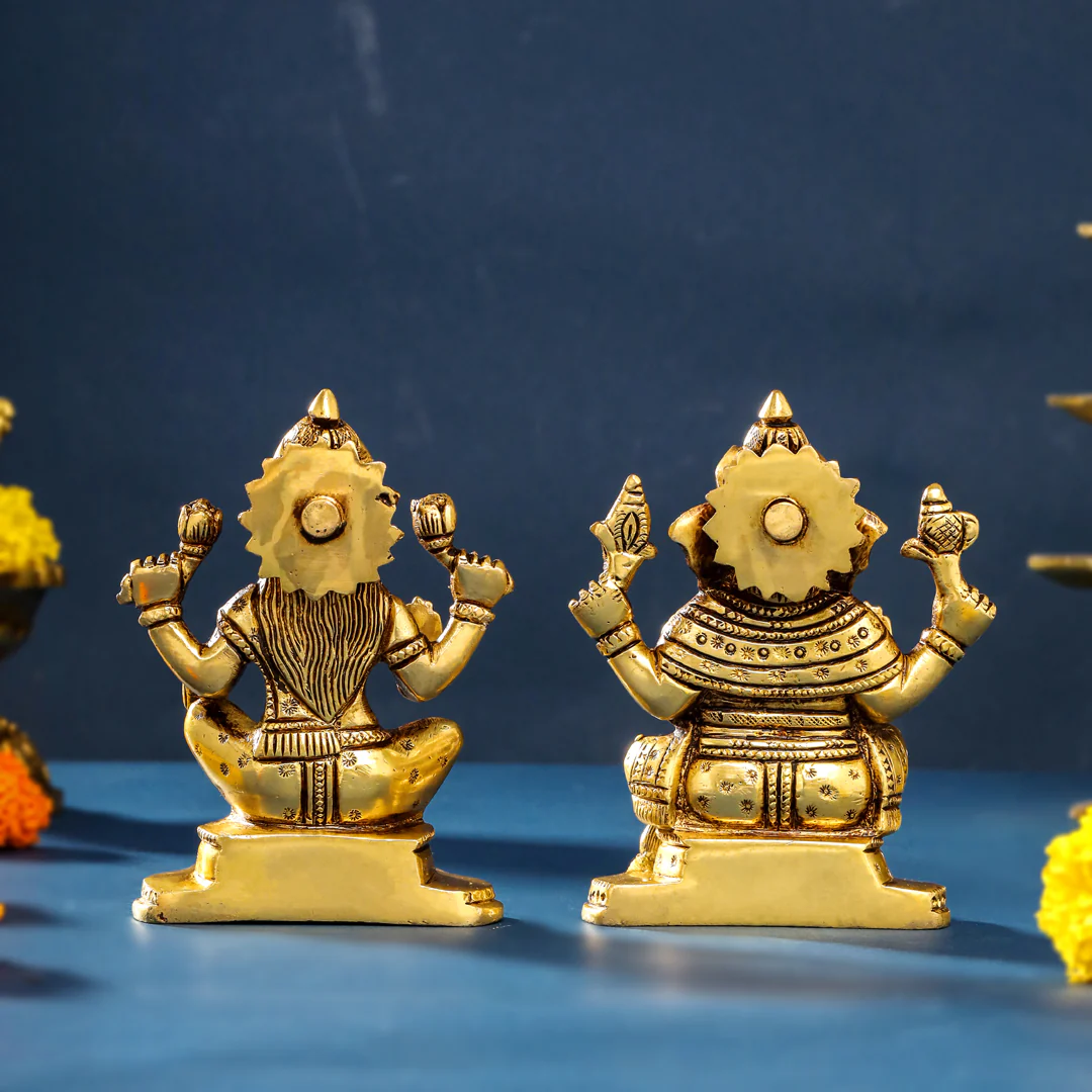 Brass Sitting Ganesha And Lakshmi Set (5 Inch) - Image 3