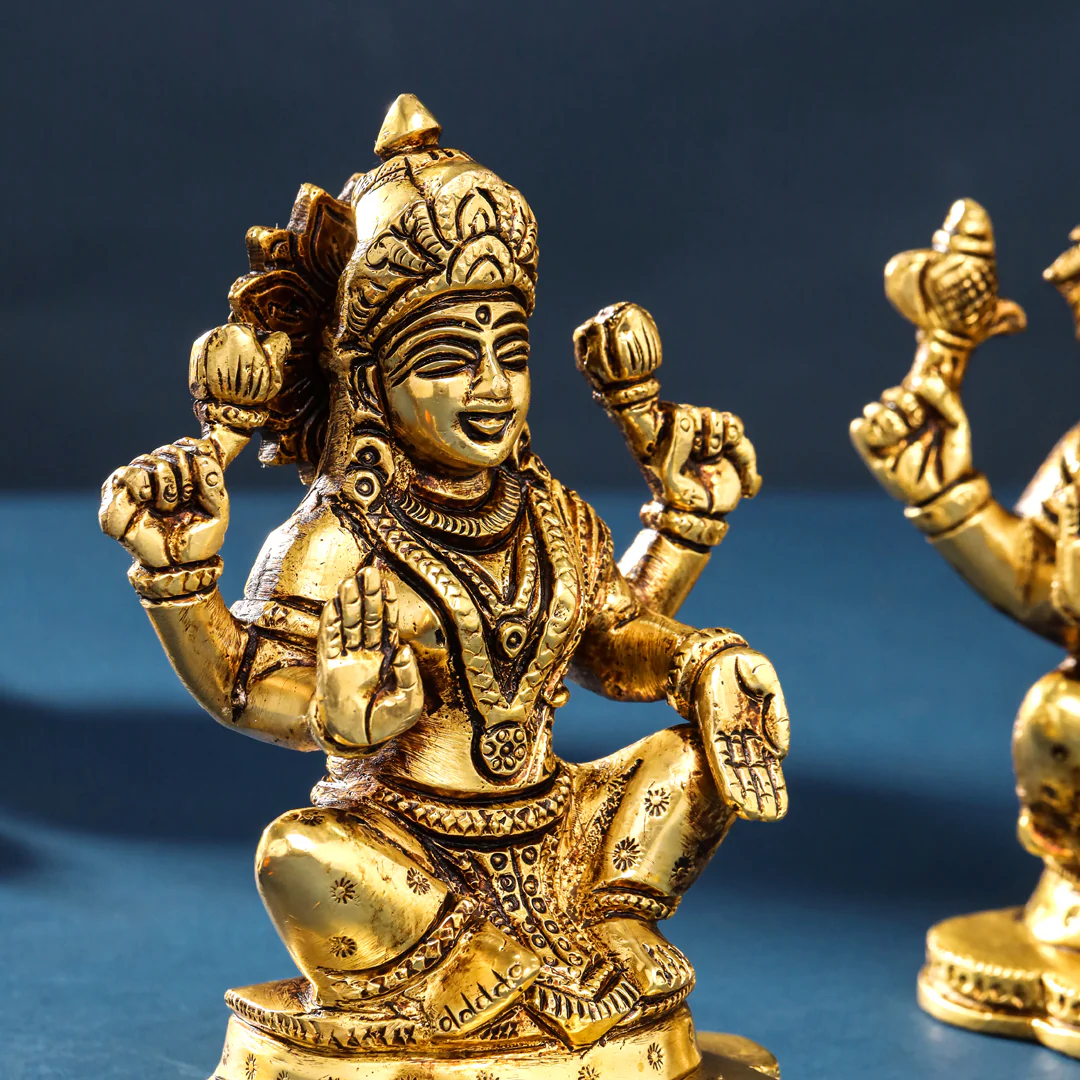 Brass Sitting Ganesha And Lakshmi Set (5 Inch) - Image 4