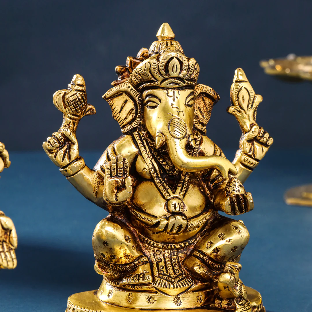 Brass Sitting Ganesha And Lakshmi Set (5 Inch) - Image 5