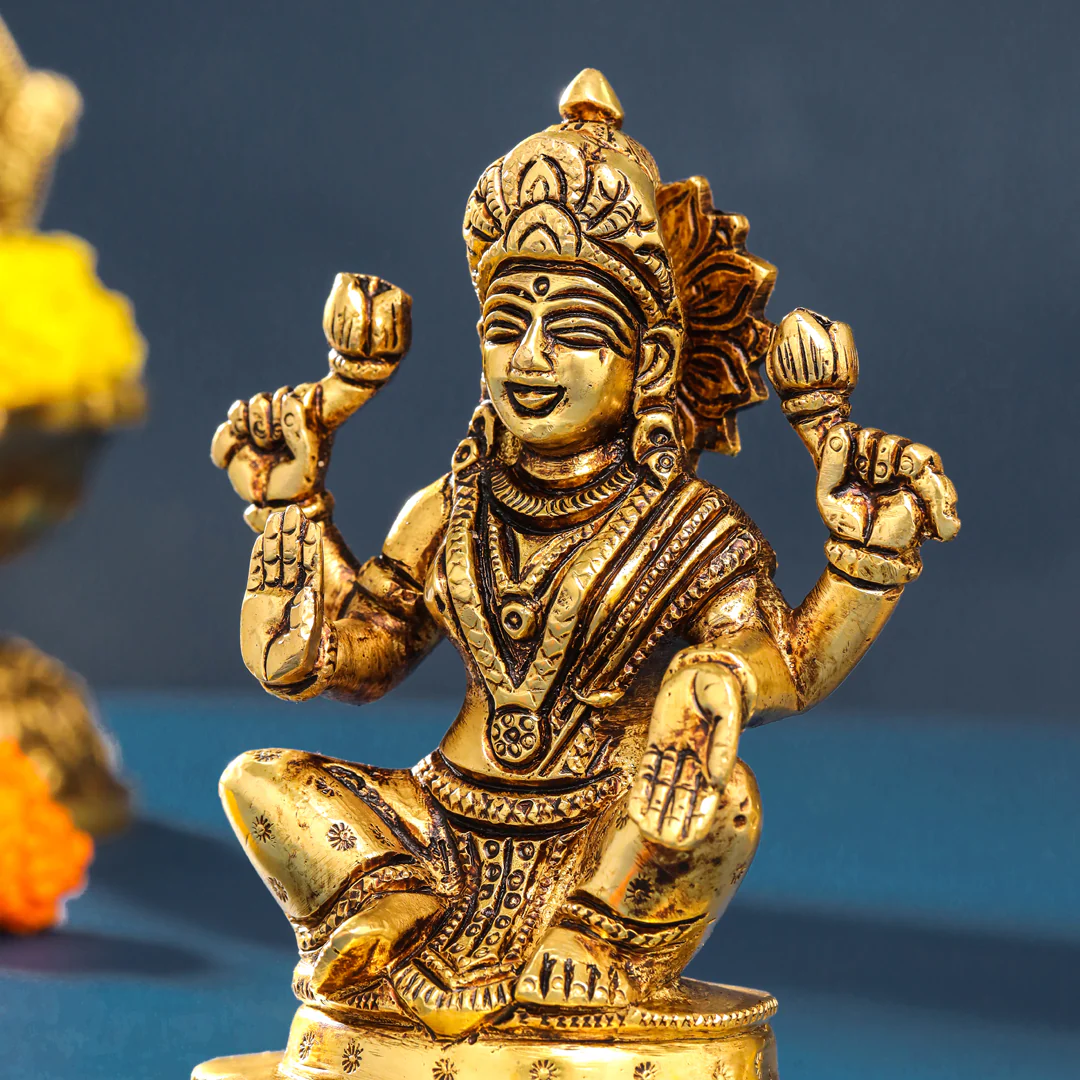 Brass Sitting Ganesha And Lakshmi Set (5 Inch) - Image 6