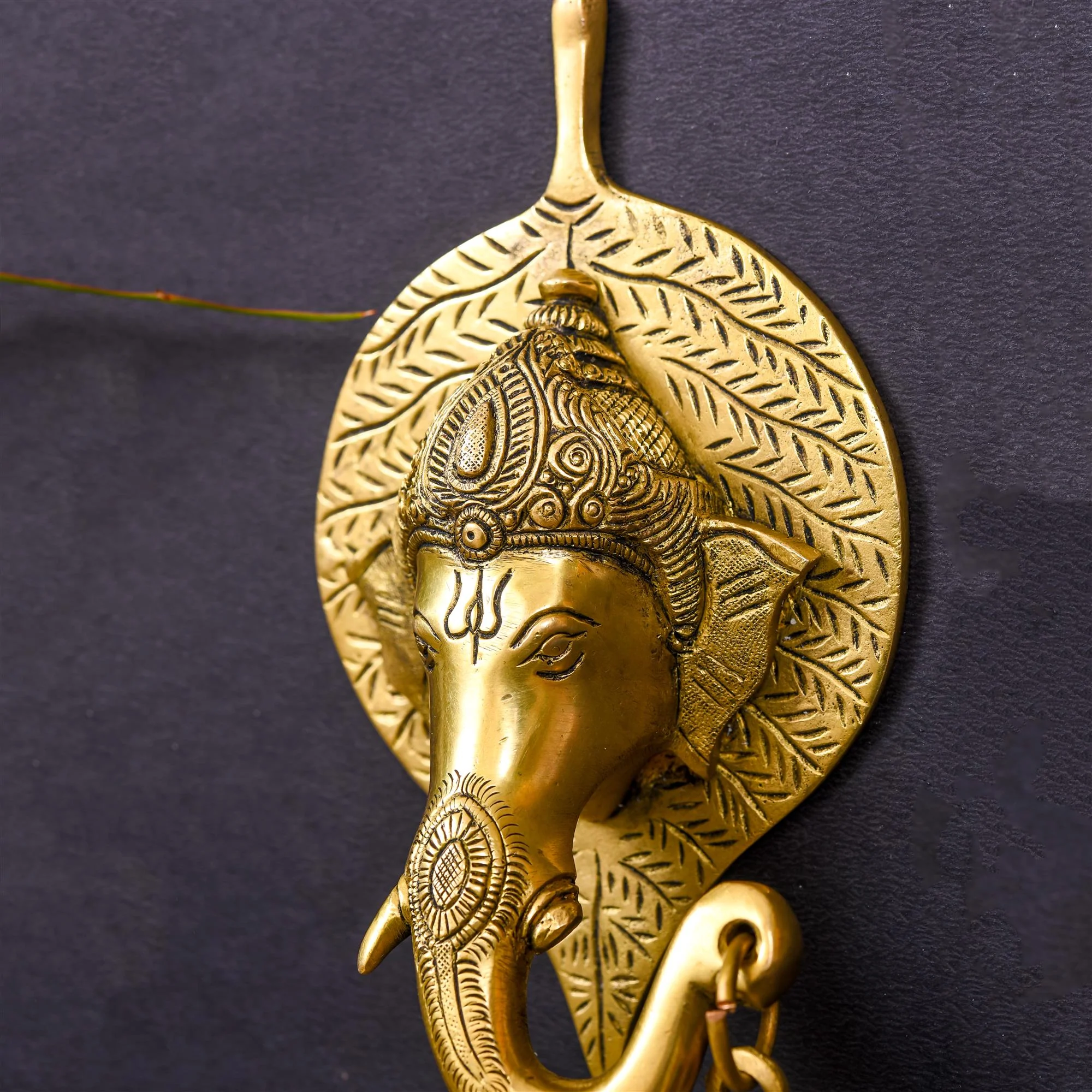 Brass Ganesha Bell On Leaf Wall Hanging (7.5 Inch) - Image 4