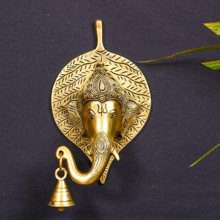 Brass Ganesha Bell On Leaf Wall Hanging (7.5 Inch) - Image 5