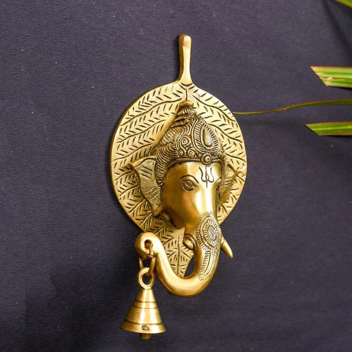 Brass Ganesha Bell On Leaf Wall Hanging (7.5 Inch) - Image 6