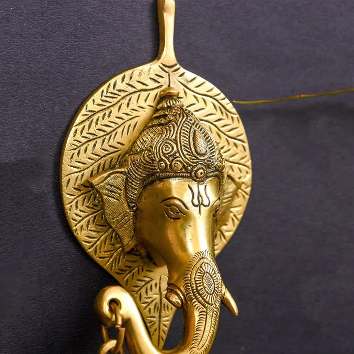 Brass Ganesha Bell On Leaf Wall Hanging (7.5 Inch) - Image 7