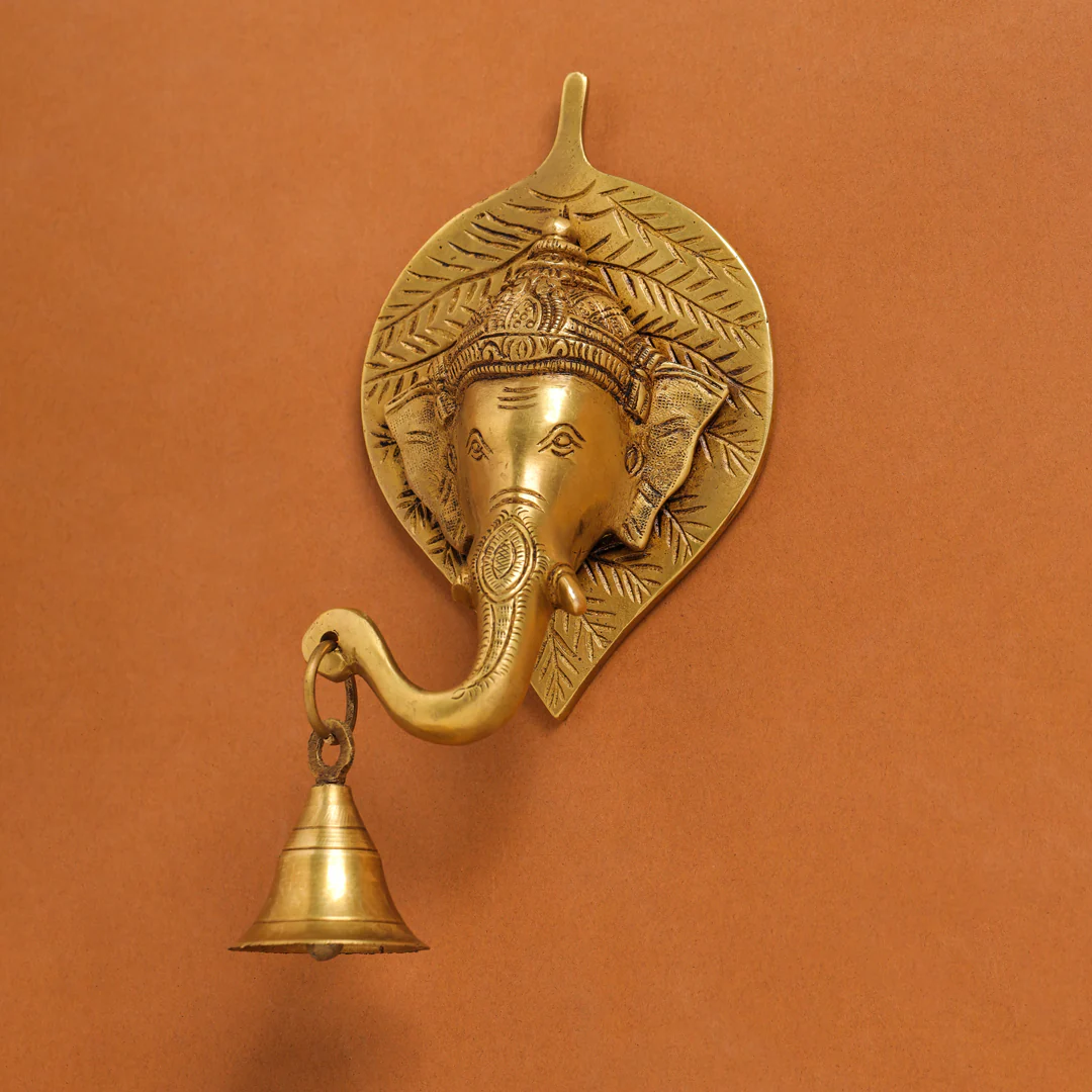 Brass Ganesha Bell On Leaf Wall Hanging (7.5 Inch) - Image 8